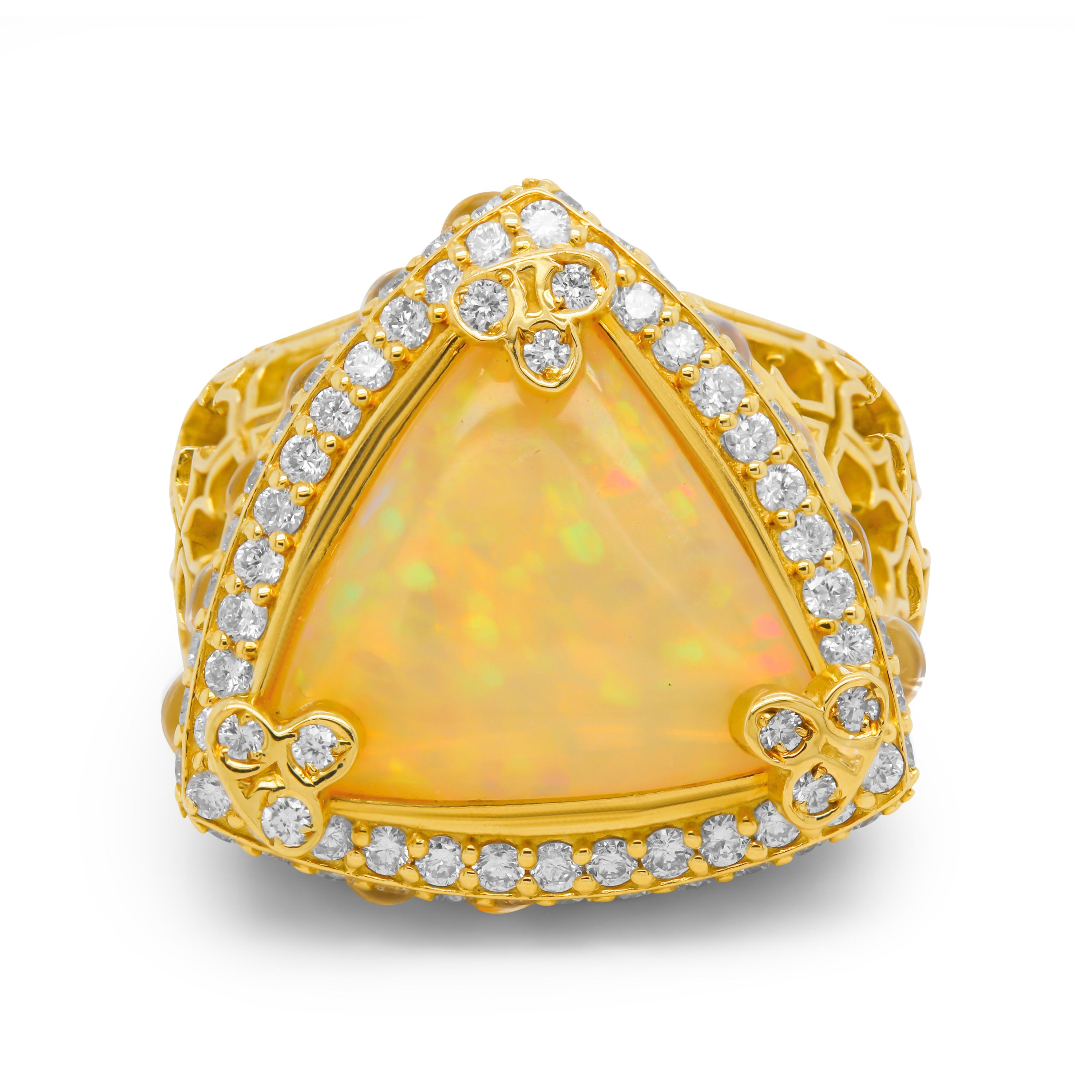 Modern Stambolian 18K Gold Trillion Shape Ethiopian Opal Rainbow Moonstone Diamond Ring