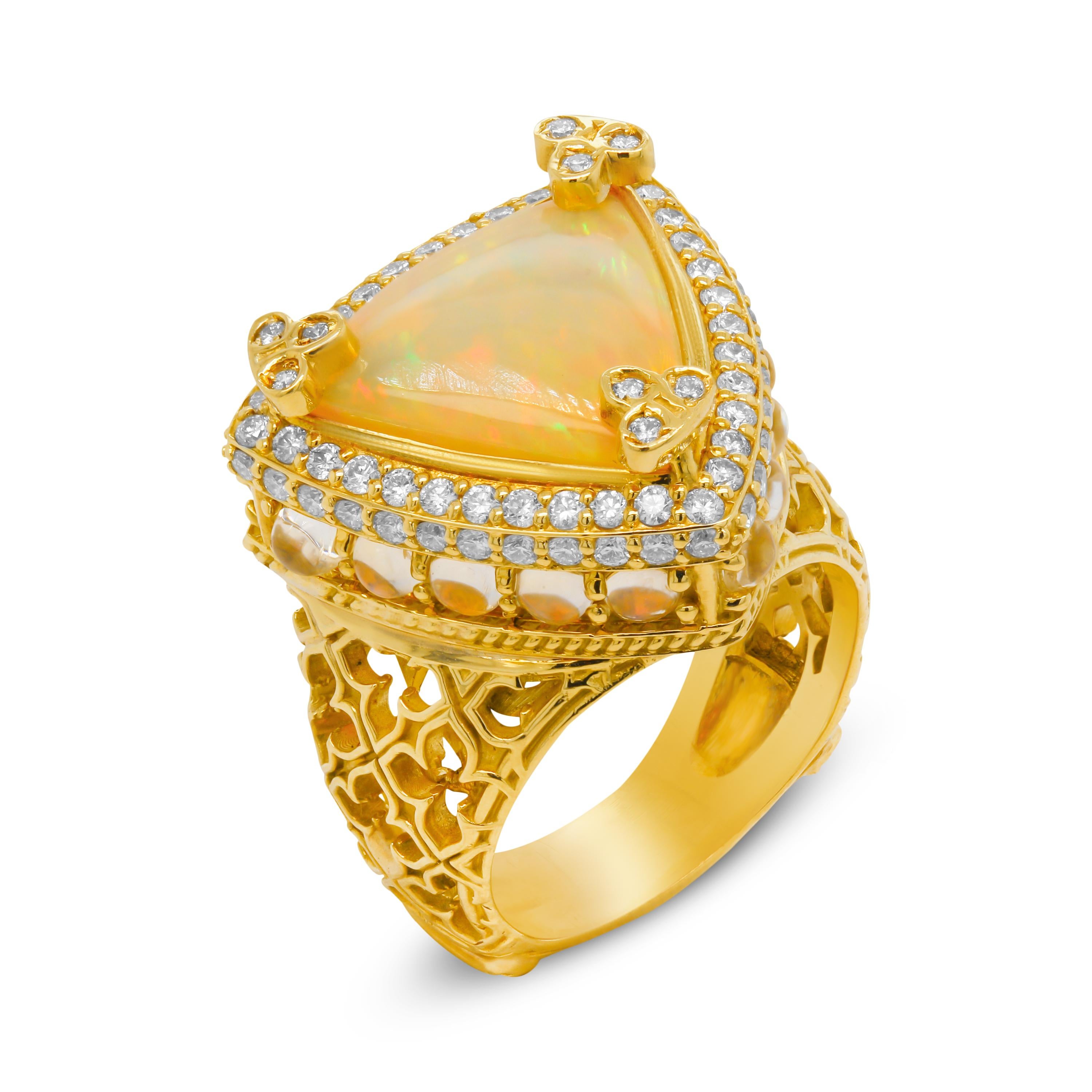 Trillion Cut Stambolian 18K Gold Trillion Shape Ethiopian Opal Rainbow Moonstone Diamond Ring