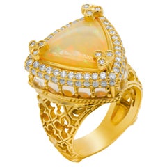 Stambolian 18K Gold Trillion Shape Ethiopian Opal Rainbow Moonstone Diamond Ring