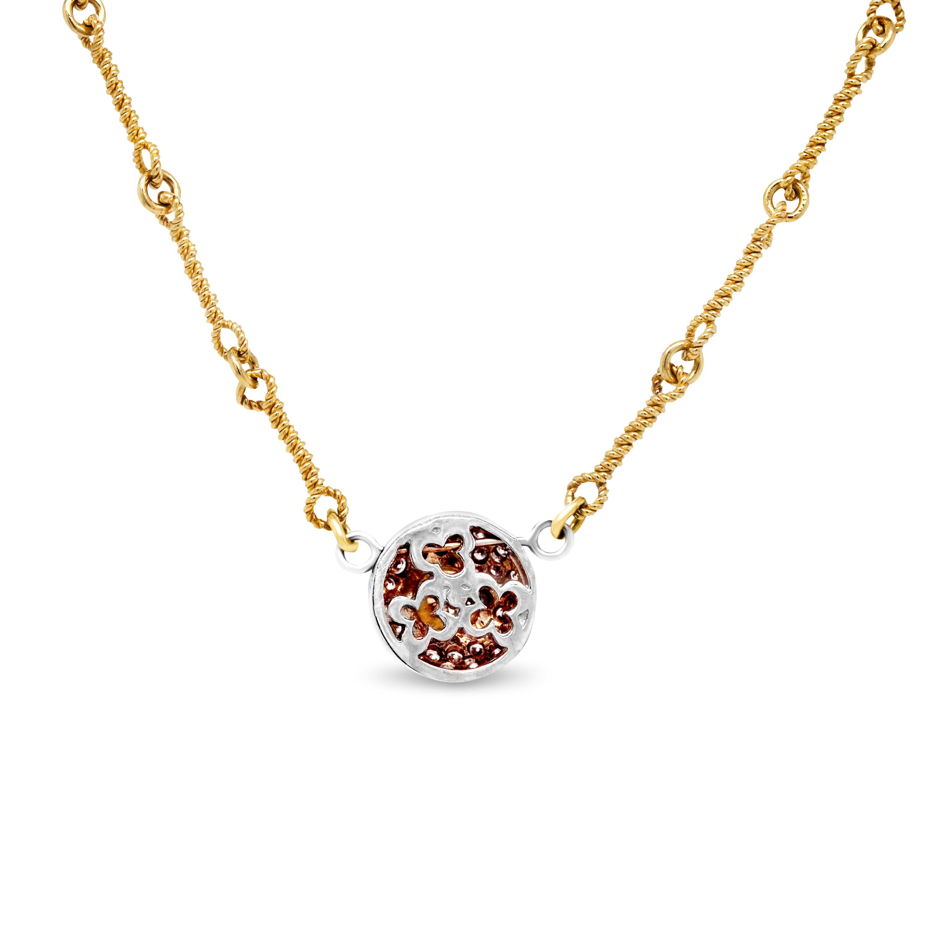 Stambolian 18K Gold Yellow White Diamond Circle Pendant Chain Necklace

Handmade chain is used which is done entirely by gold twisted wires all put together one-by-one

0.50 carat yellow diamond center is surrounded by 0.50 carat G color, VS clarity