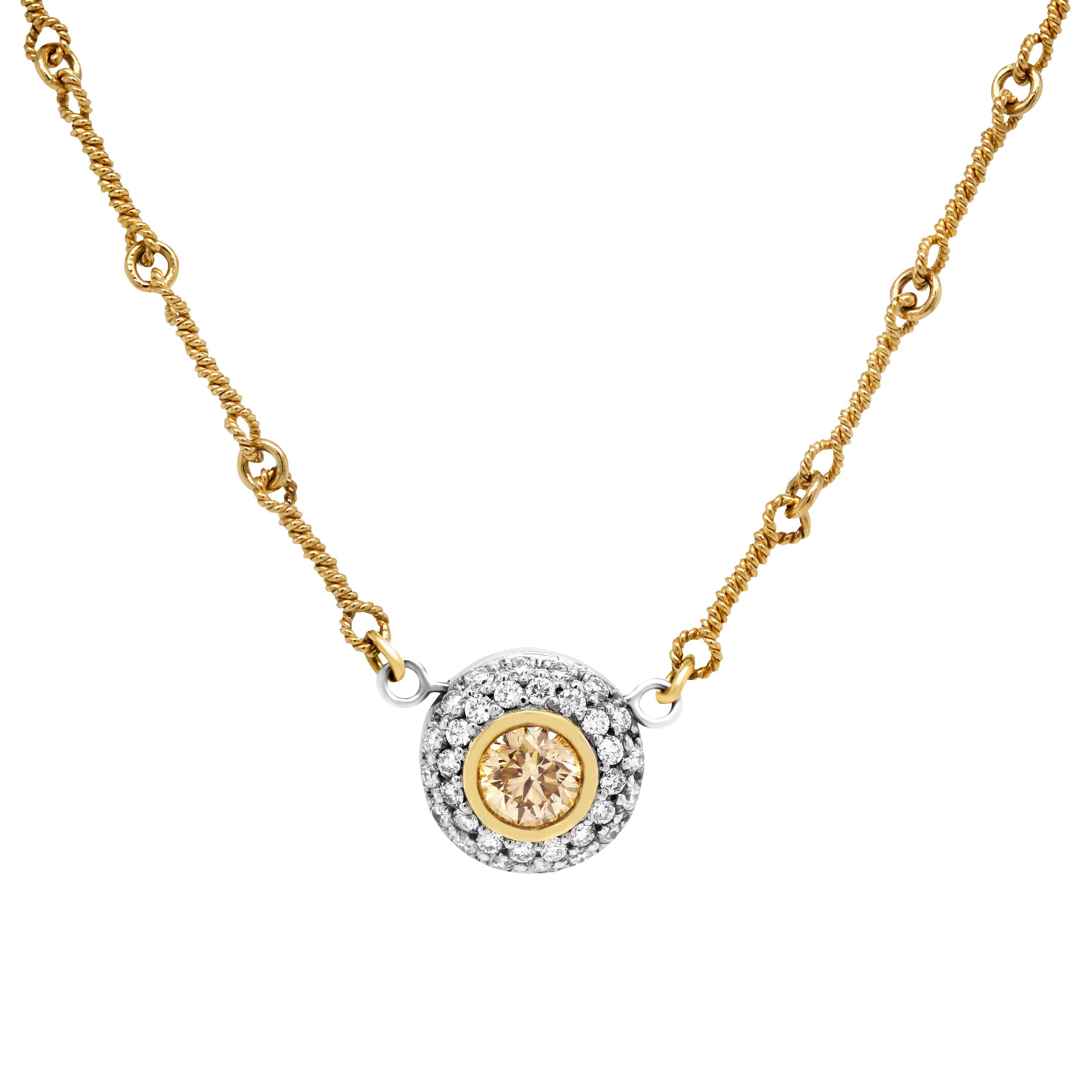 Round Cut Stambolian 18 Karat Gold Yellow White Diamond Circle Pendant Chain Necklace