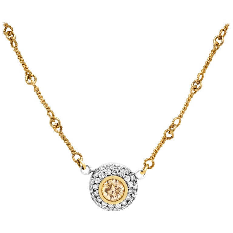 Stambolian 18 Karat Gold Yellow White Diamond Circle Pendant Chain Necklace For Sale