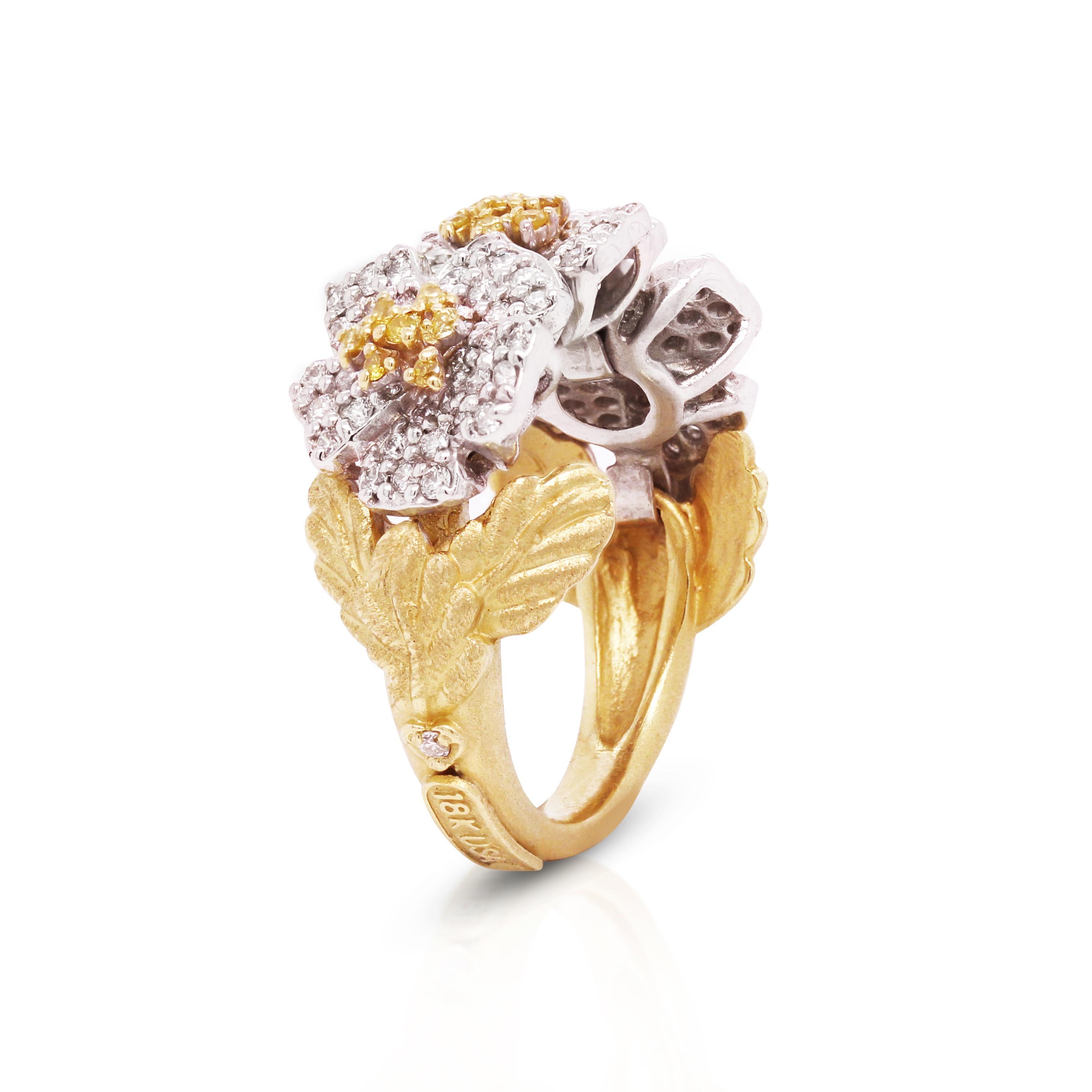 Stambolian 18K Gold Yellow White Diamond Floral Motif Three Flower Ring

From the 