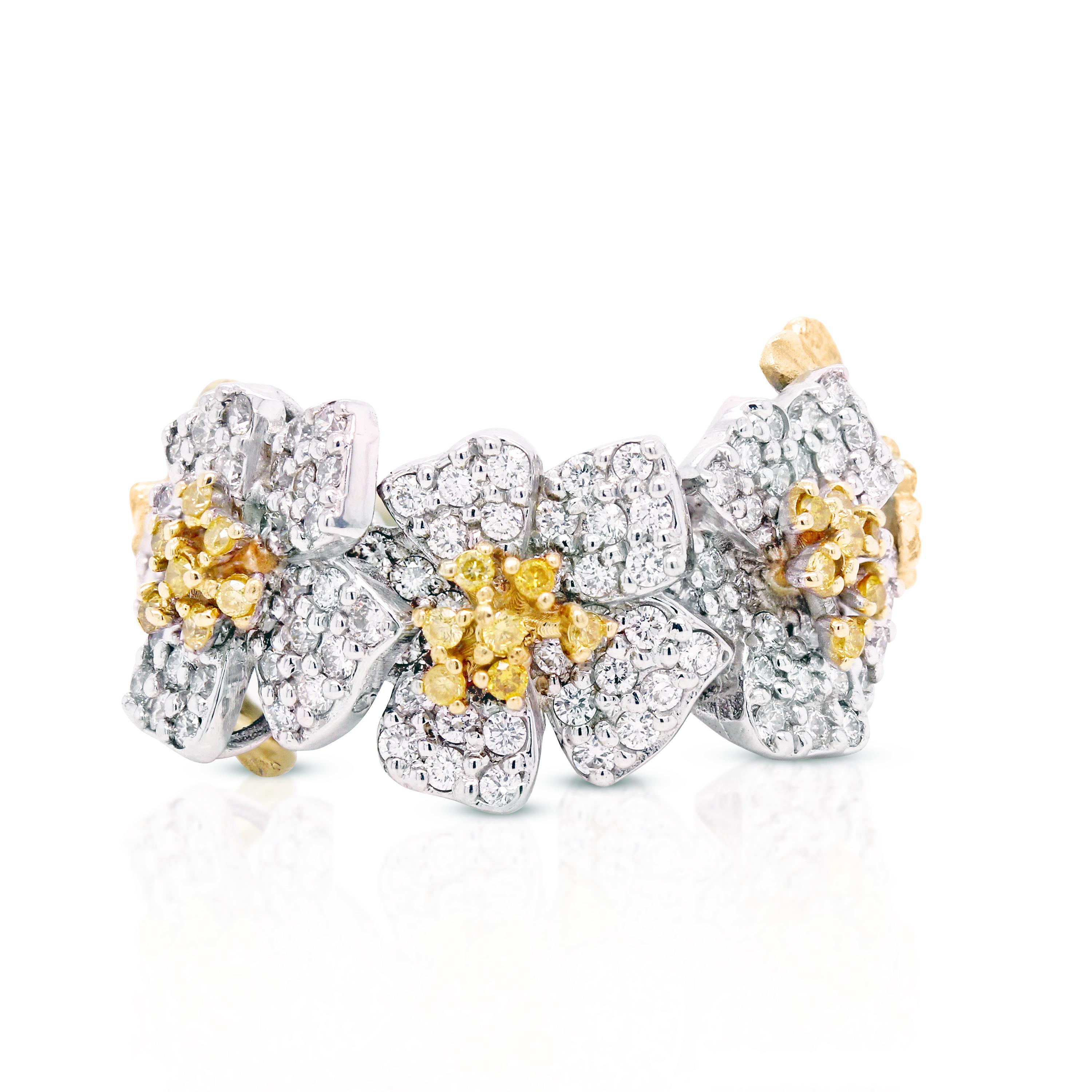 Round Cut Stambolian 18K Gold Yellow White Diamond Floral Motif Three Flower Ring For Sale