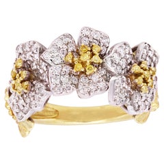 Drei Blumenring, Stambolian, 18 Karat Gold, gelb-weißer Diamant, florales Motiv