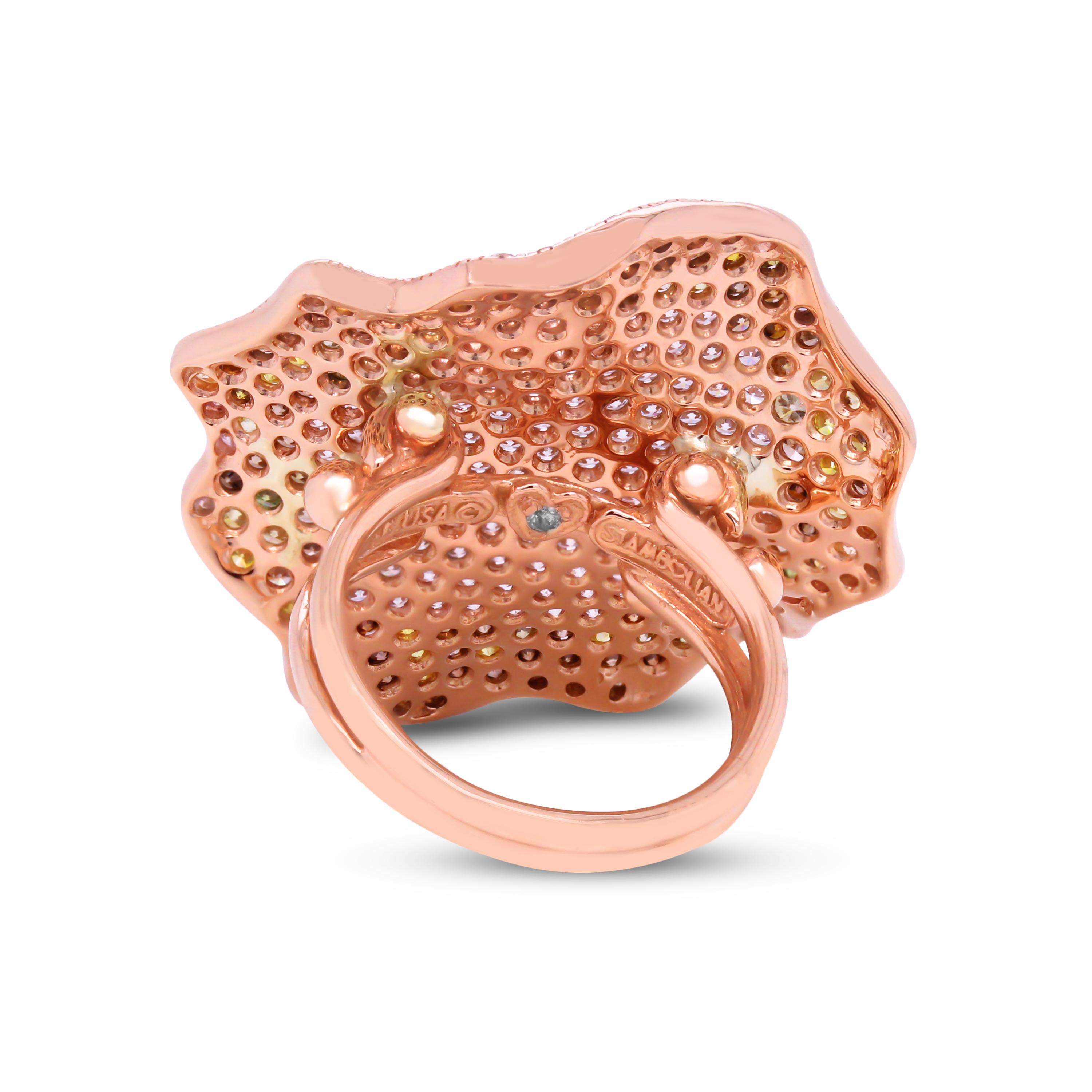 Contemporary Stambolian 18K Rose Gold Fancy Color Yellow Cognac Green White Diamonds Ring
