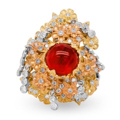 Stambolian 18K Tri-Color Gold Diamond Cats Eye Tourmaline Tree of Life Ring