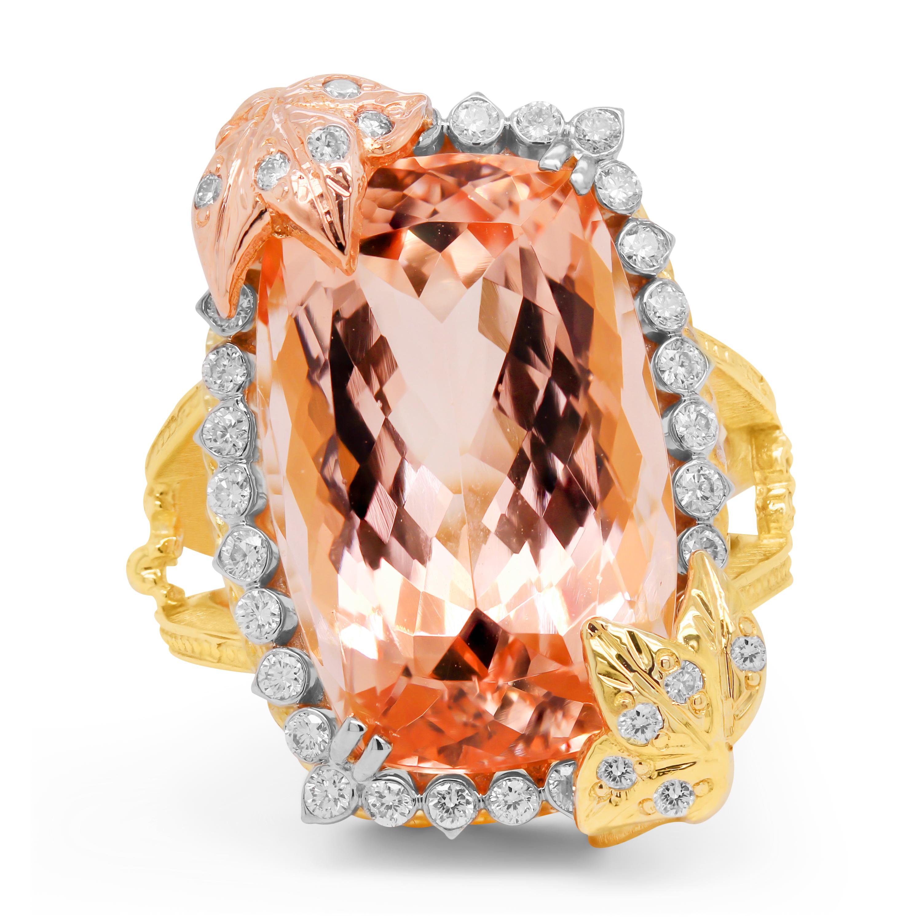 Stambolian 18K Tri Color Gold Diamond Collectors Quality Morganite Cocktail Ring

A one-of-a-kind masterpiece featuring a breathtaking, collectors quality Morganite center with two gold and diamond petals holding the center stone along with a row of