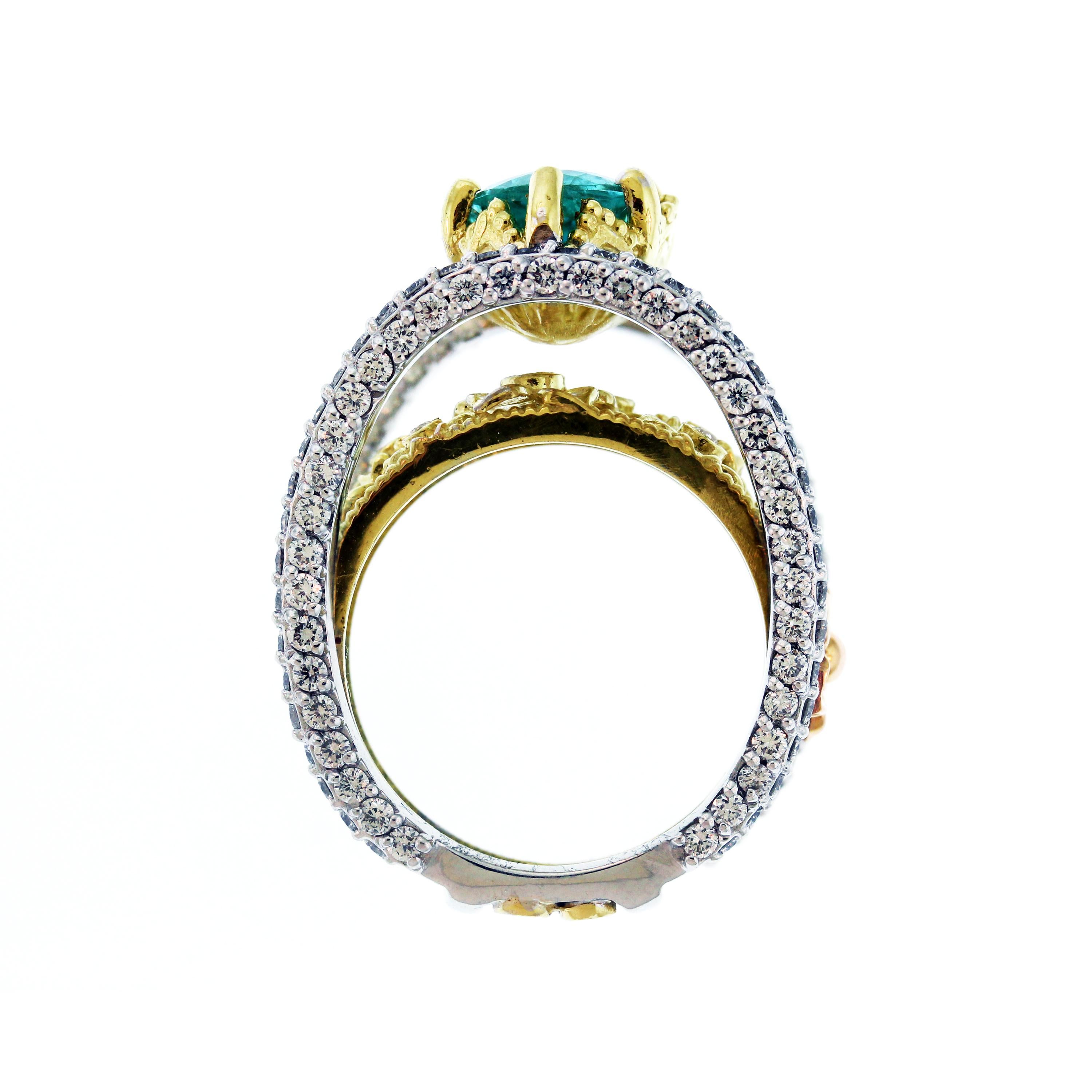 Stambolian 18K Tri-Color Gold Paraiba Copper Bearing Tourmaline Diamond Ring In New Condition In Boca Raton, FL