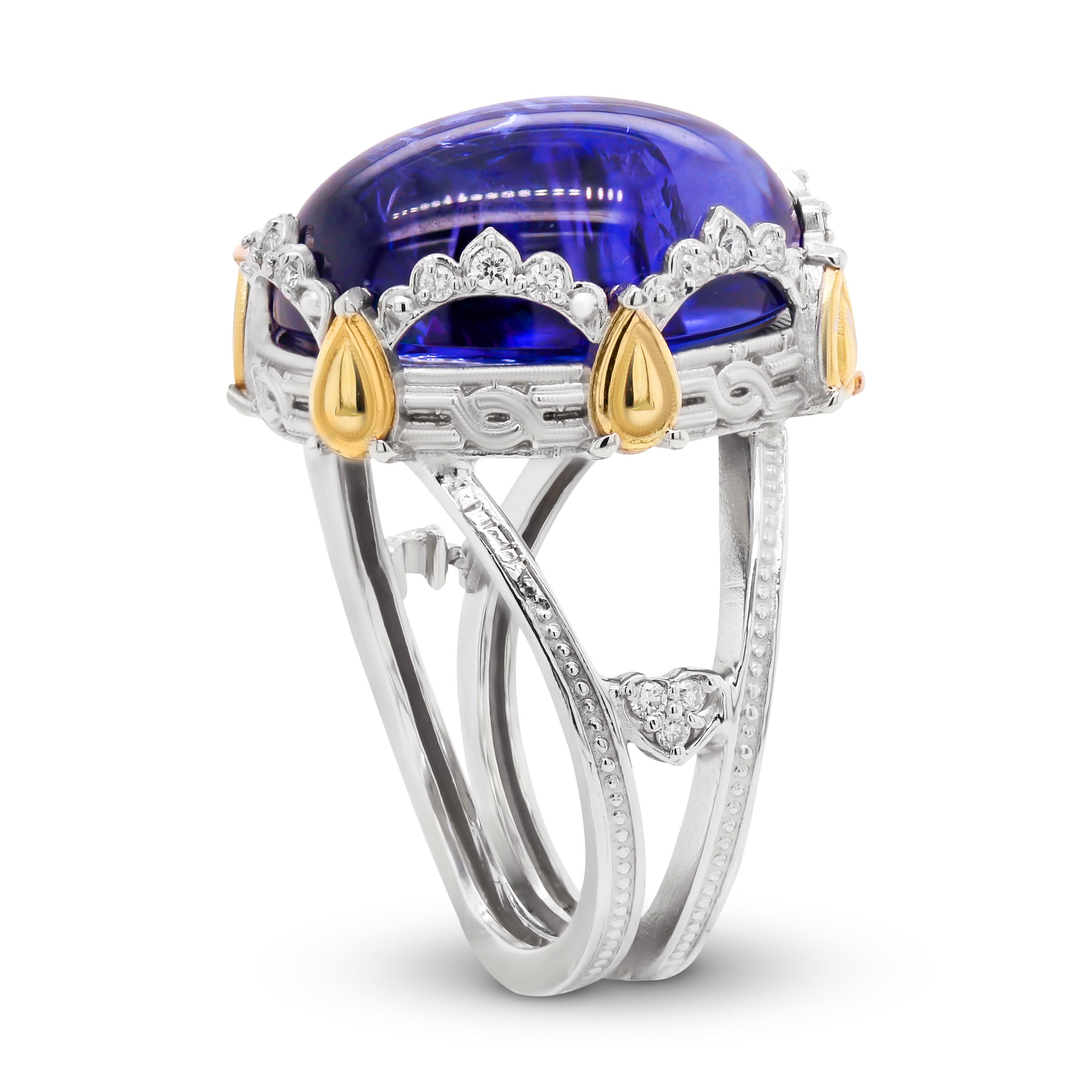 Modern Stambolian 18K Two Tone Gold Diamond AAA Quality Cabochon Tanzanite Dome Ring For Sale