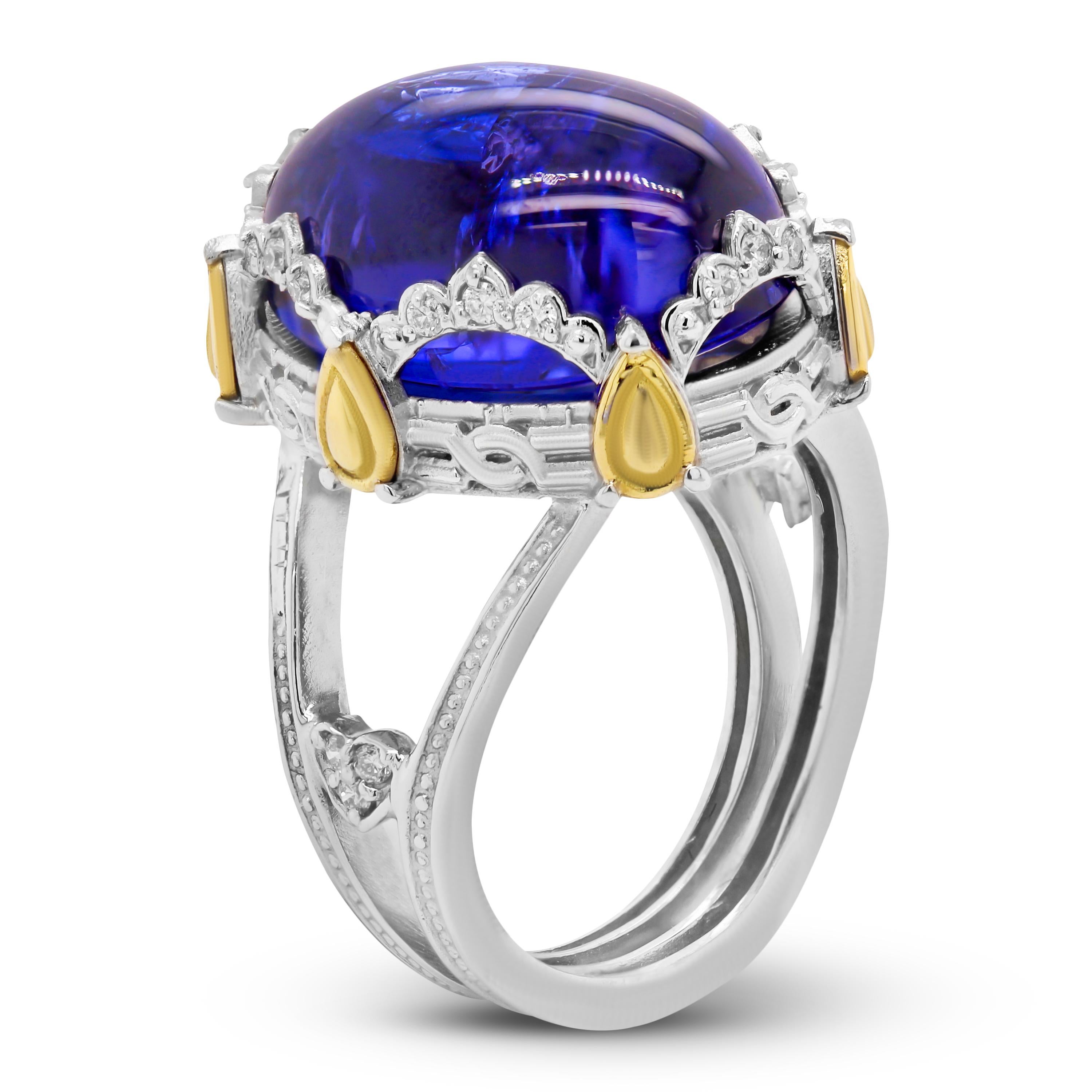 Stambolian 18K Two Tone Gold Diamond AAA Quality Cabochon Tanzanite Dome Ring In New Condition For Sale In Boca Raton, FL