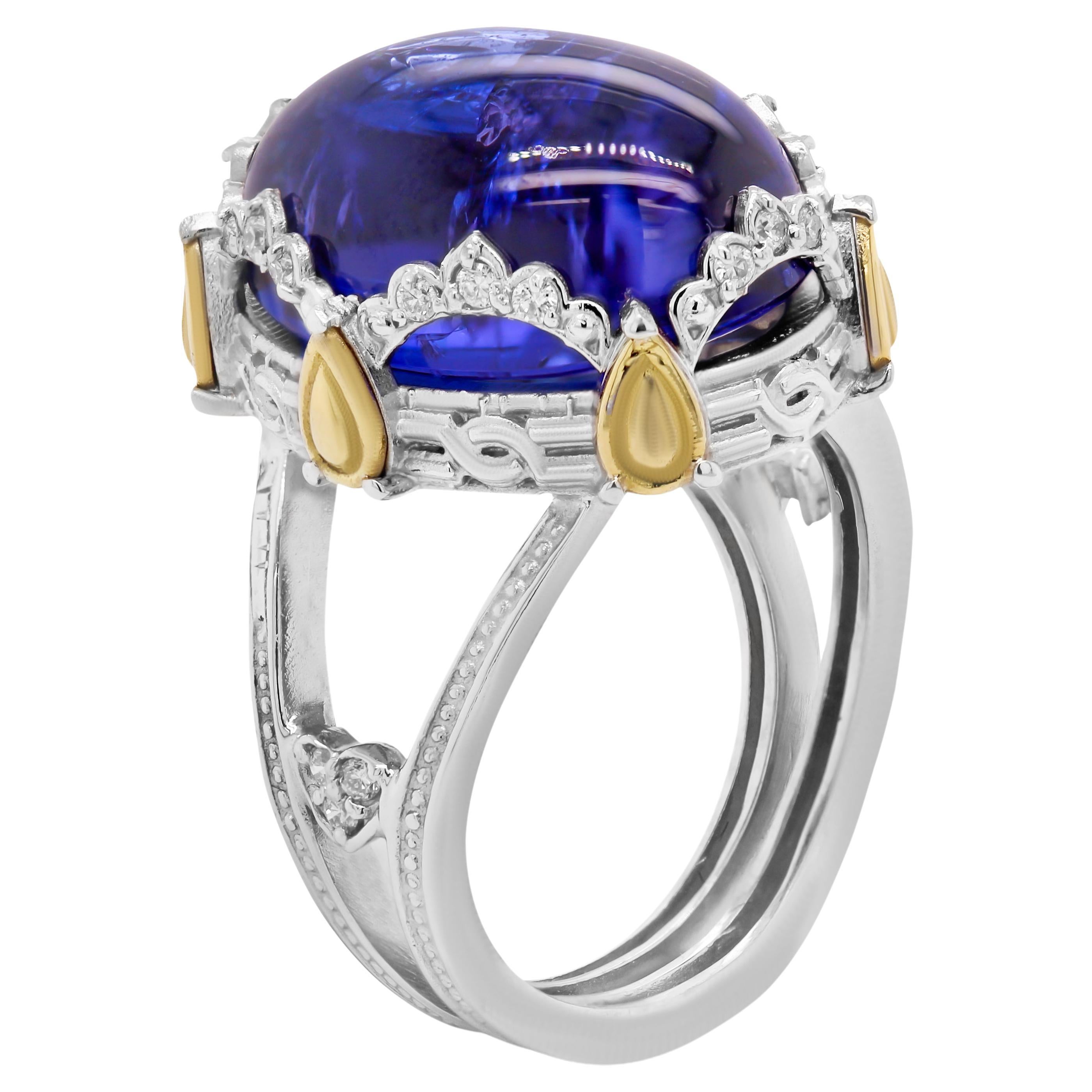 Stambolian 18K Two Tone Gold Diamond AAA Quality Cabochon Tanzanite Dome Ring For Sale