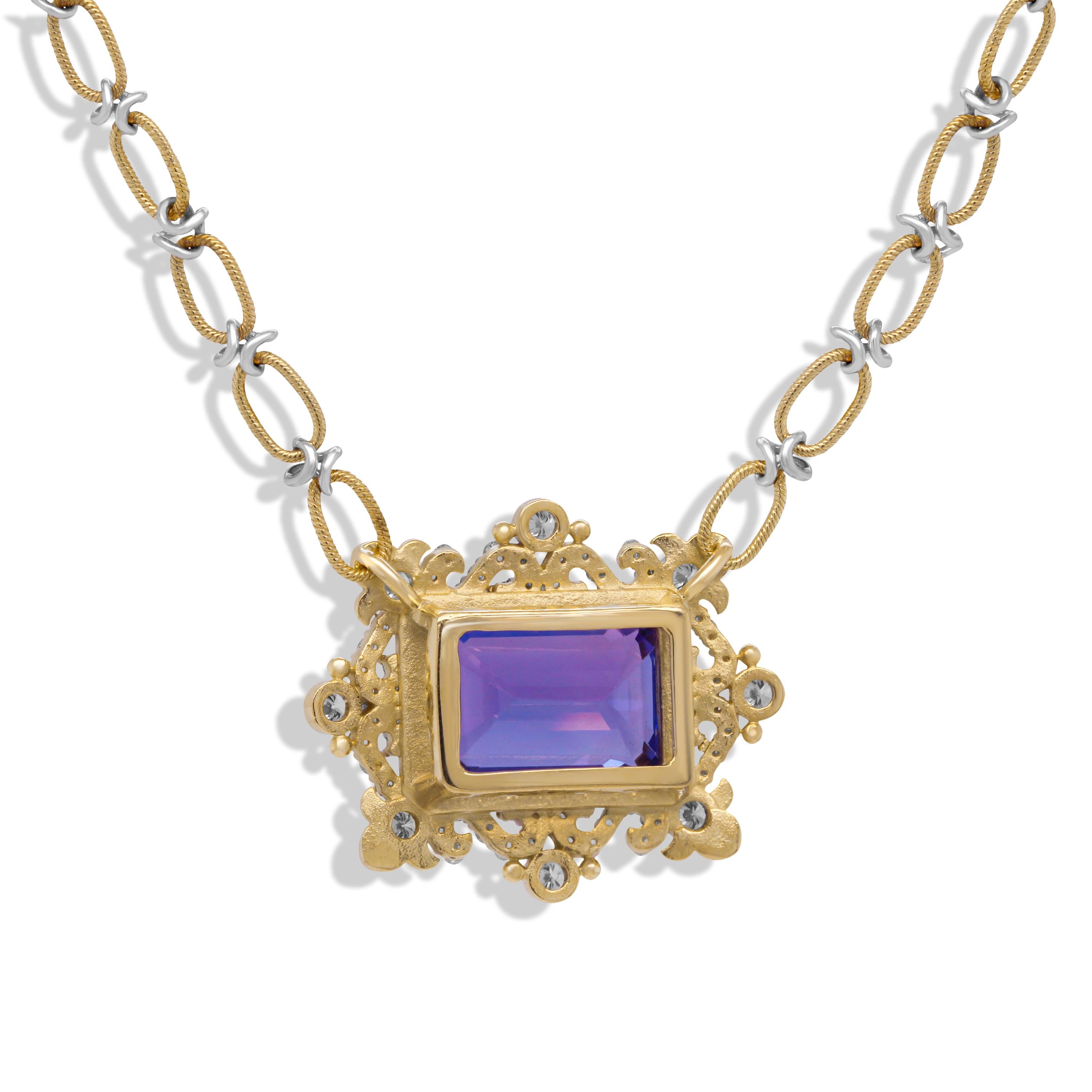 Modern Stambolian 18k Two Tone Gold Diamond Emerald Cut Tanzanite Pendant Necklace