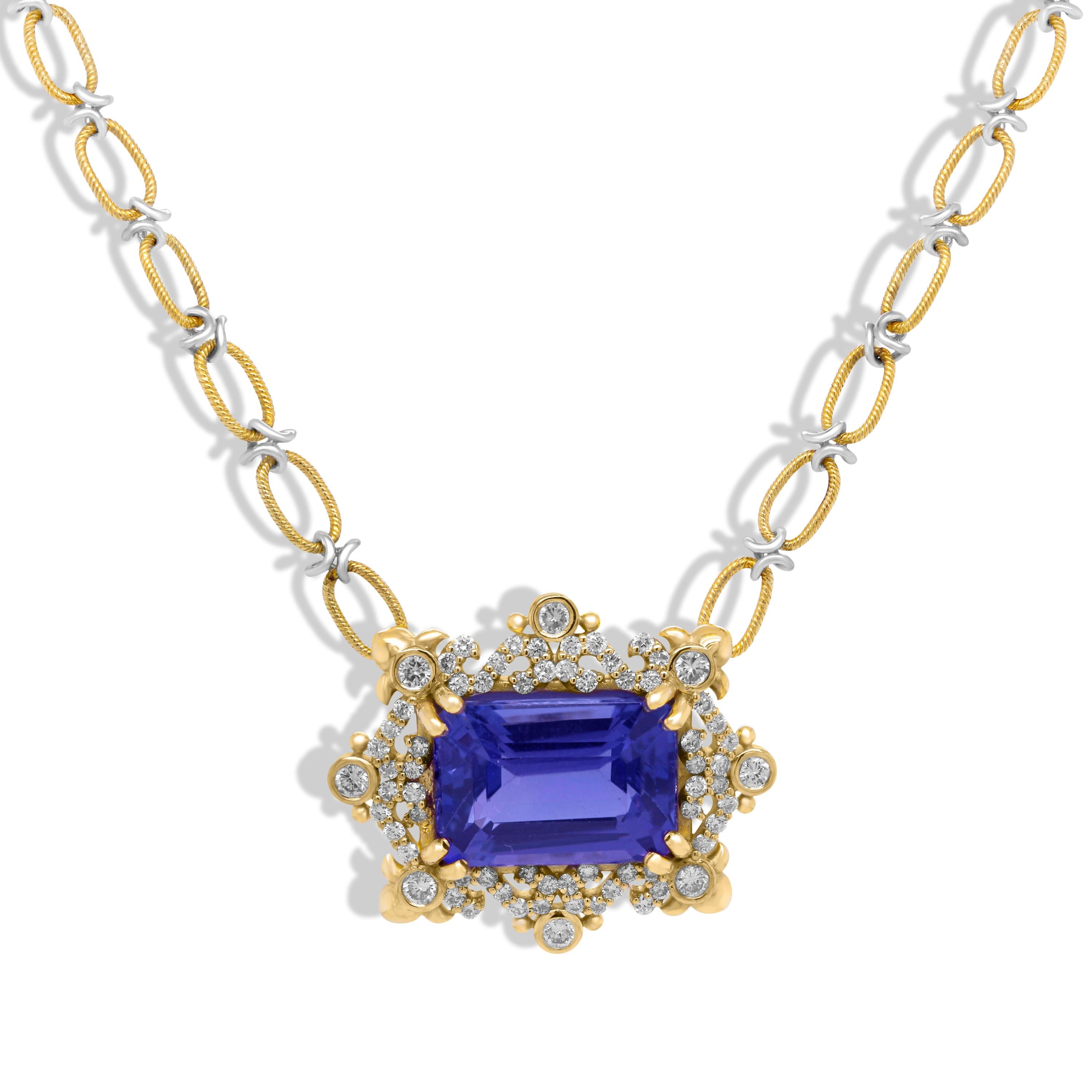 Stambolian 18k Two Tone Gold Diamond Emerald Cut Tanzanite Pendant Necklace In New Condition In Boca Raton, FL