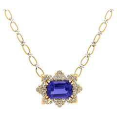 Stambolian 18k Two Tone Gold Diamond Emerald Cut Tanzanite Pendant Necklace
