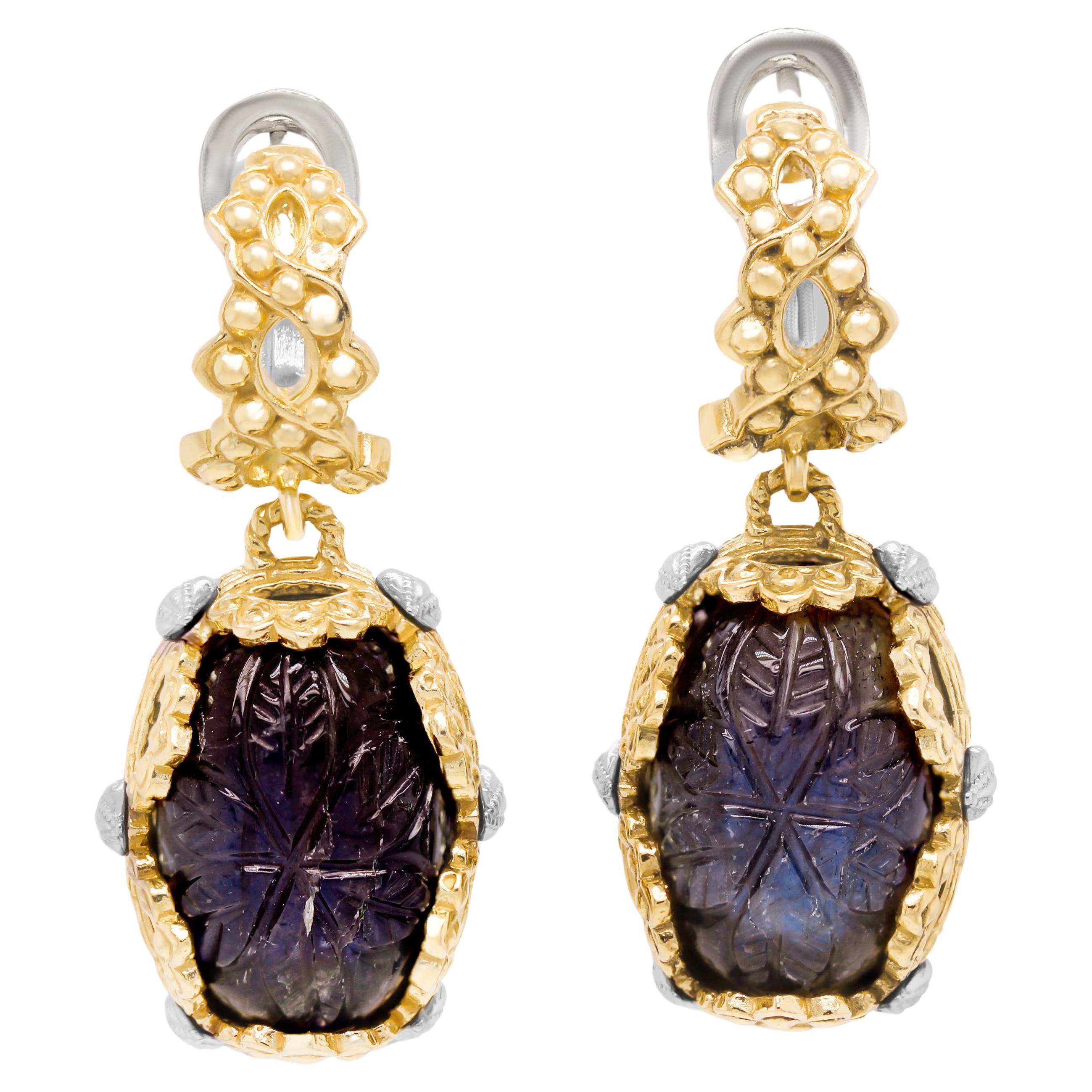 Stambolian 18K Two Tone Gold Floral Carved Labradorite Drop Earrings For Sale