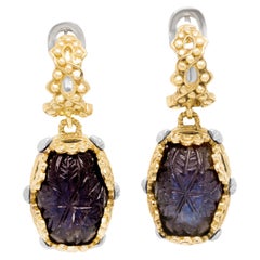 Stambolian 18K Two Tone Gold Floral Carved Labradorite Drop Earrings