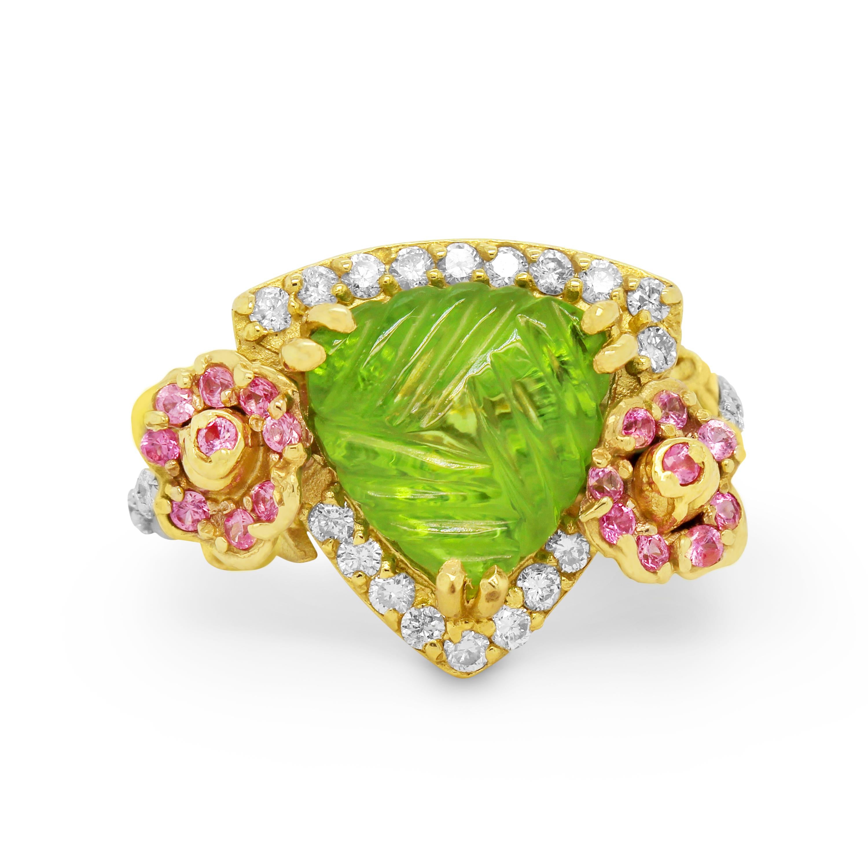 Trillion Cut Stambolian 18K Two Tone Gold Peridot Pink Sapphire Diamond Rose Floral Ring For Sale