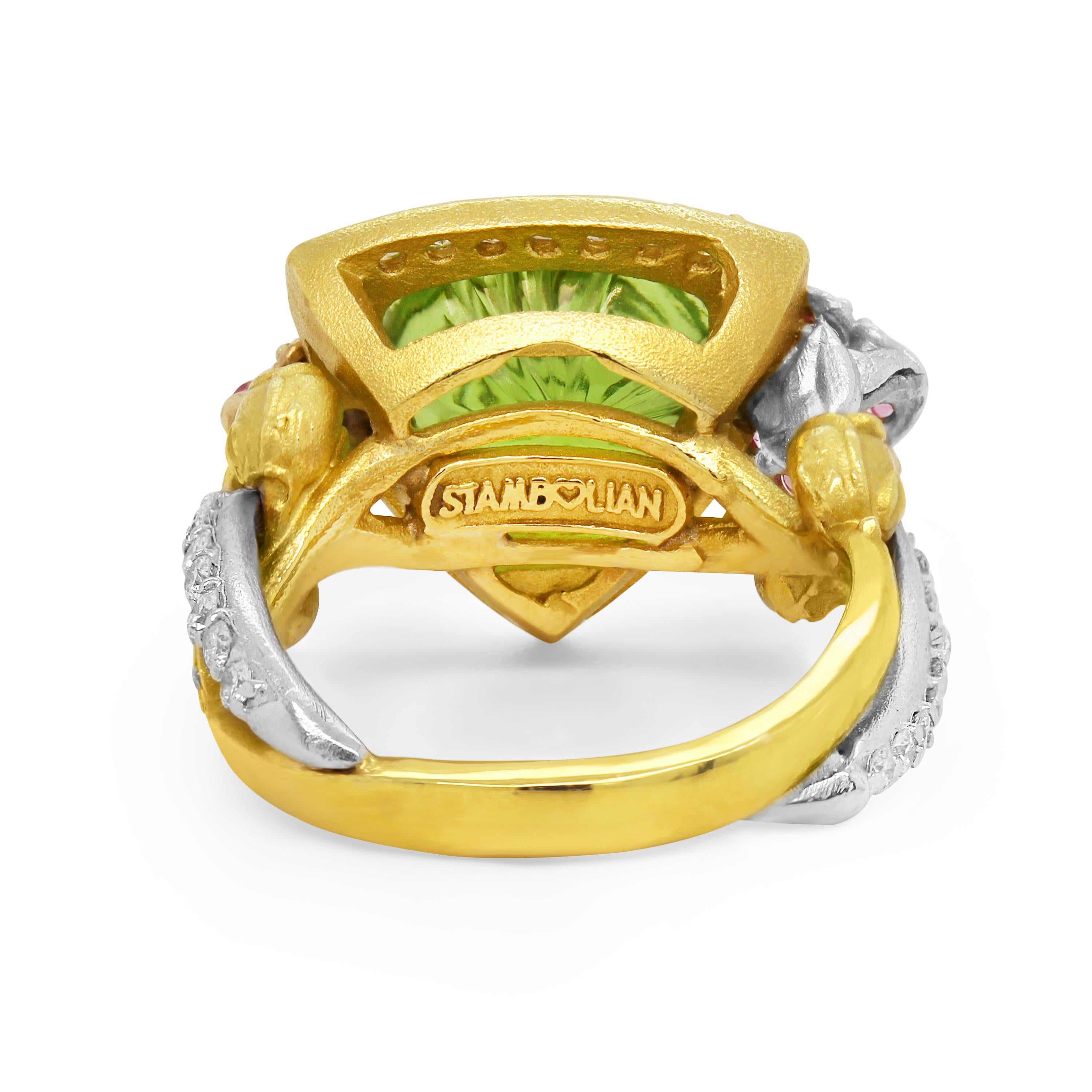 Stambolian 18K Two Tone Gold Peridot Pink Sapphire Diamond Rose Floral Ring In New Condition For Sale In Boca Raton, FL