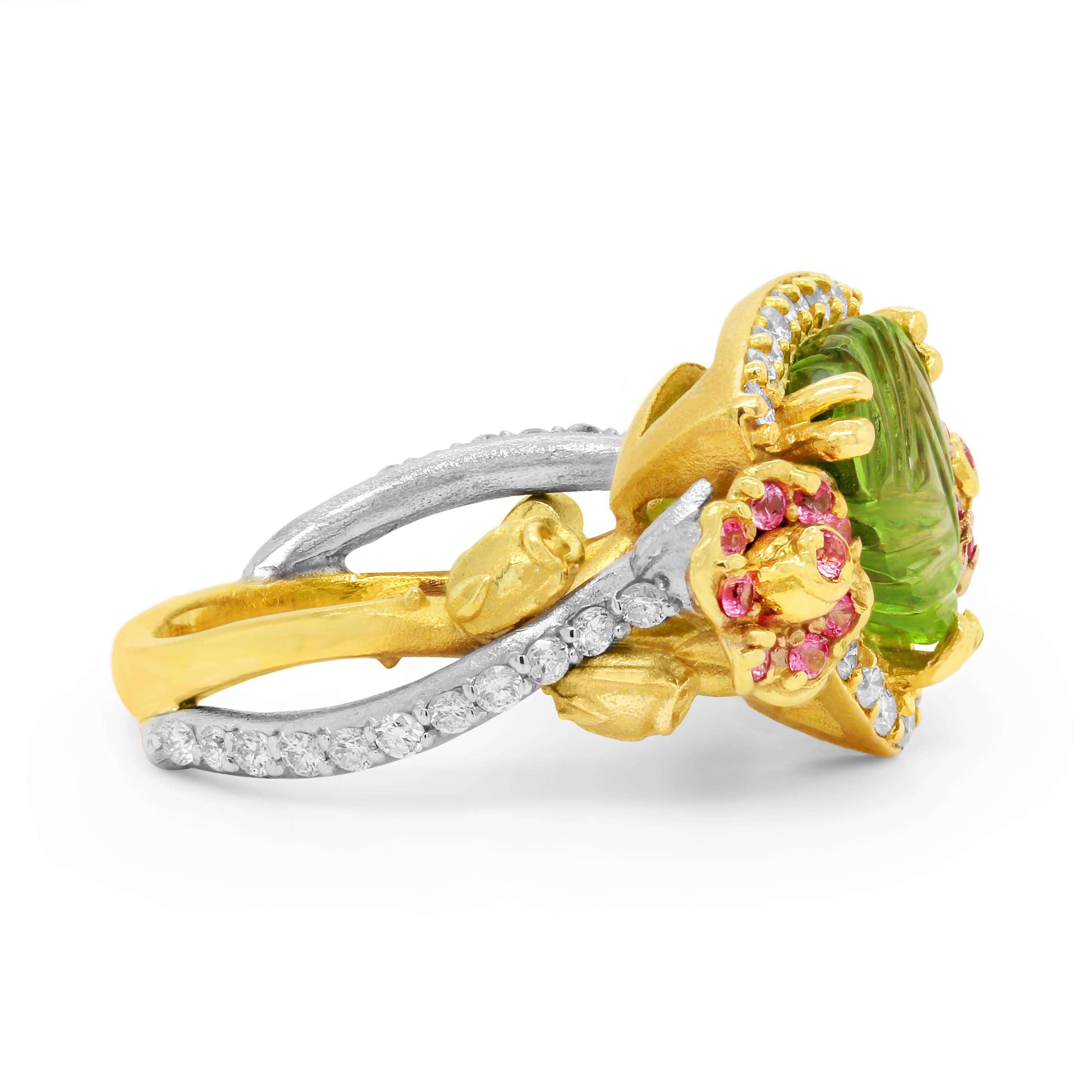 Women's Stambolian 18K Two Tone Gold Peridot Pink Sapphire Diamond Rose Floral Ring For Sale