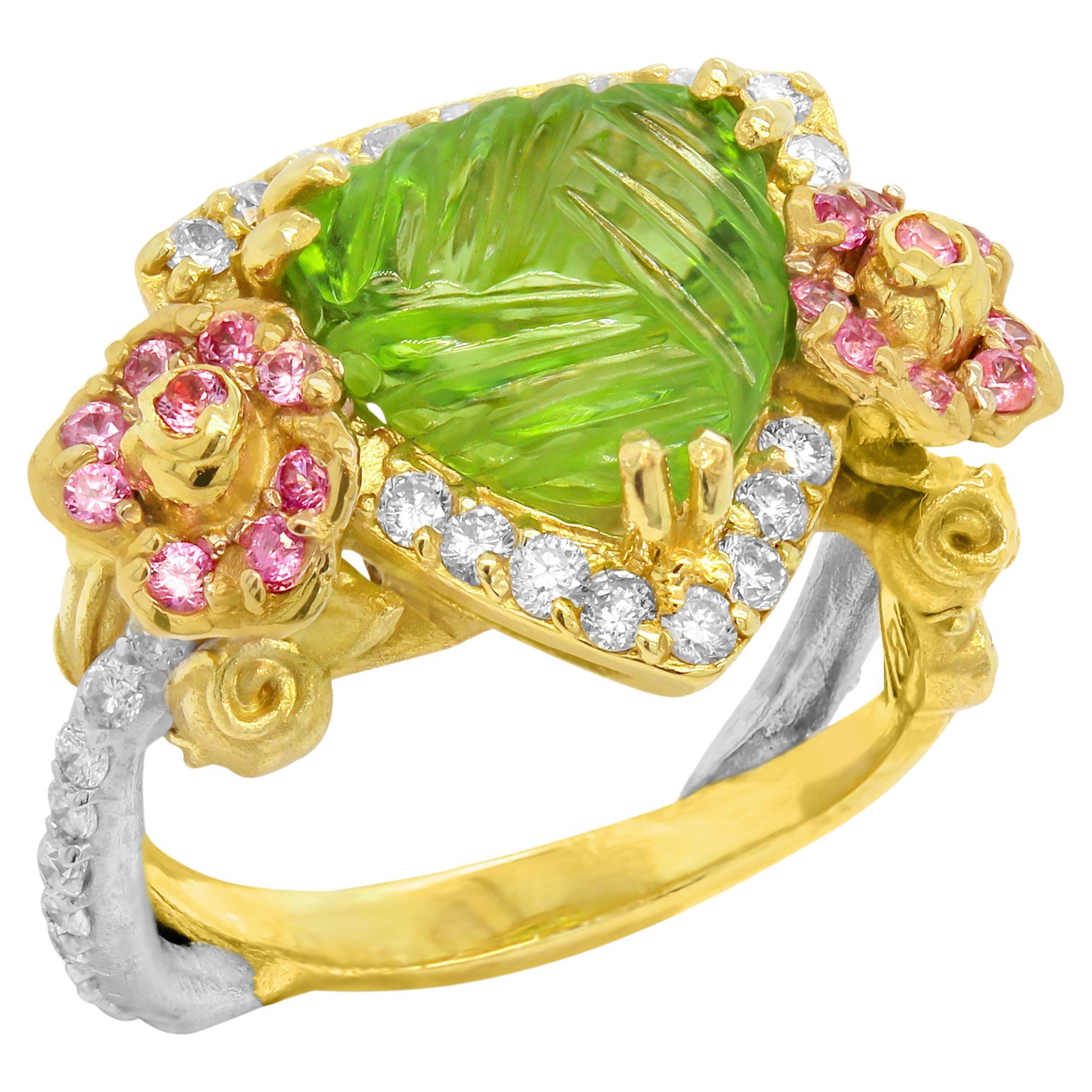 Stambolian 18K Two Tone Gold Peridot Pink Sapphire Diamond Rose Floral Ring For Sale