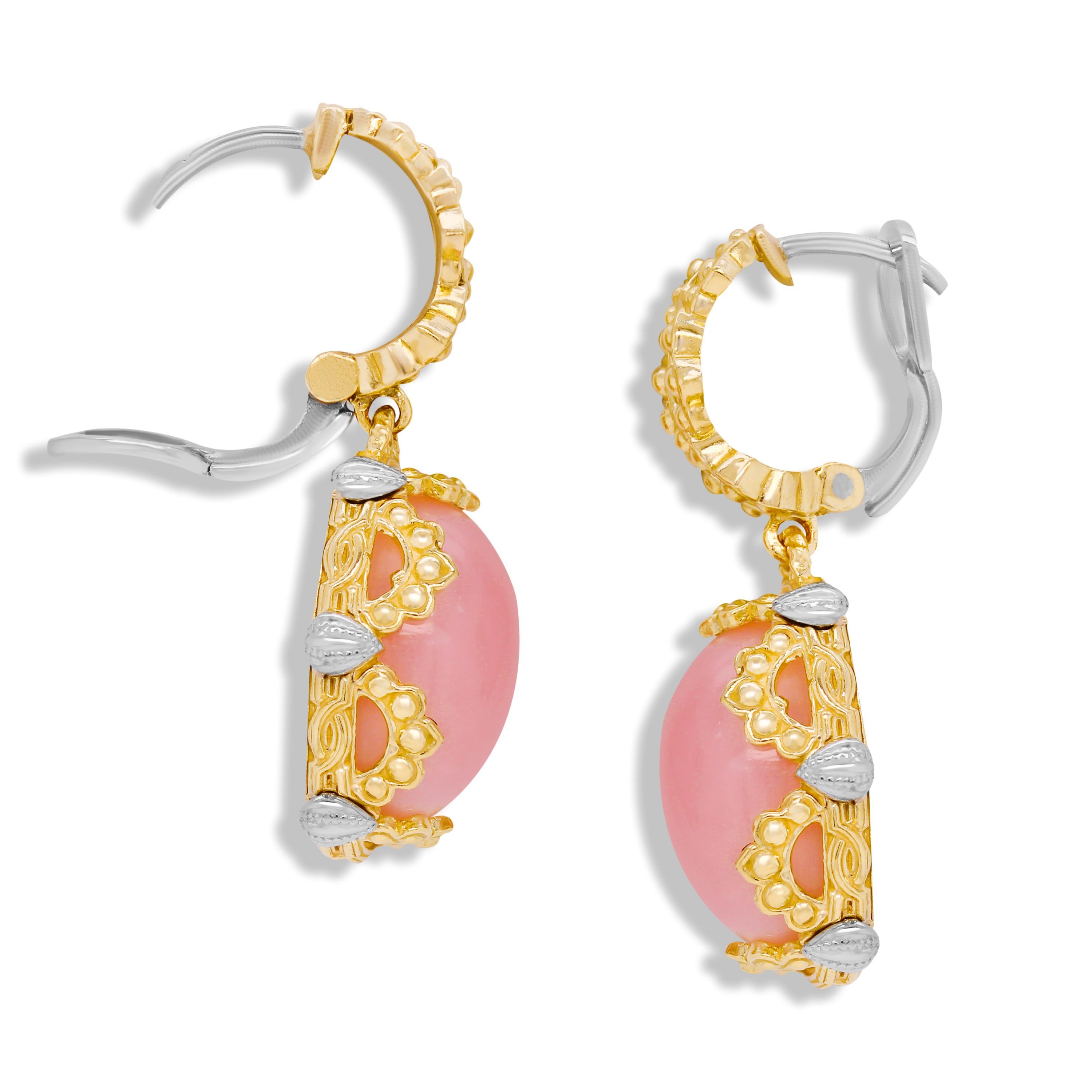 Stambolian 18K Two Tone Gold Pink Peruvian Opal Drop Earrings

This special pair of earrings feature two oval, Pink Peruvian Opal centers

Earrings measure 1.20 inch in length by 0.53 inch width

French backs used and allow the earrings to sit