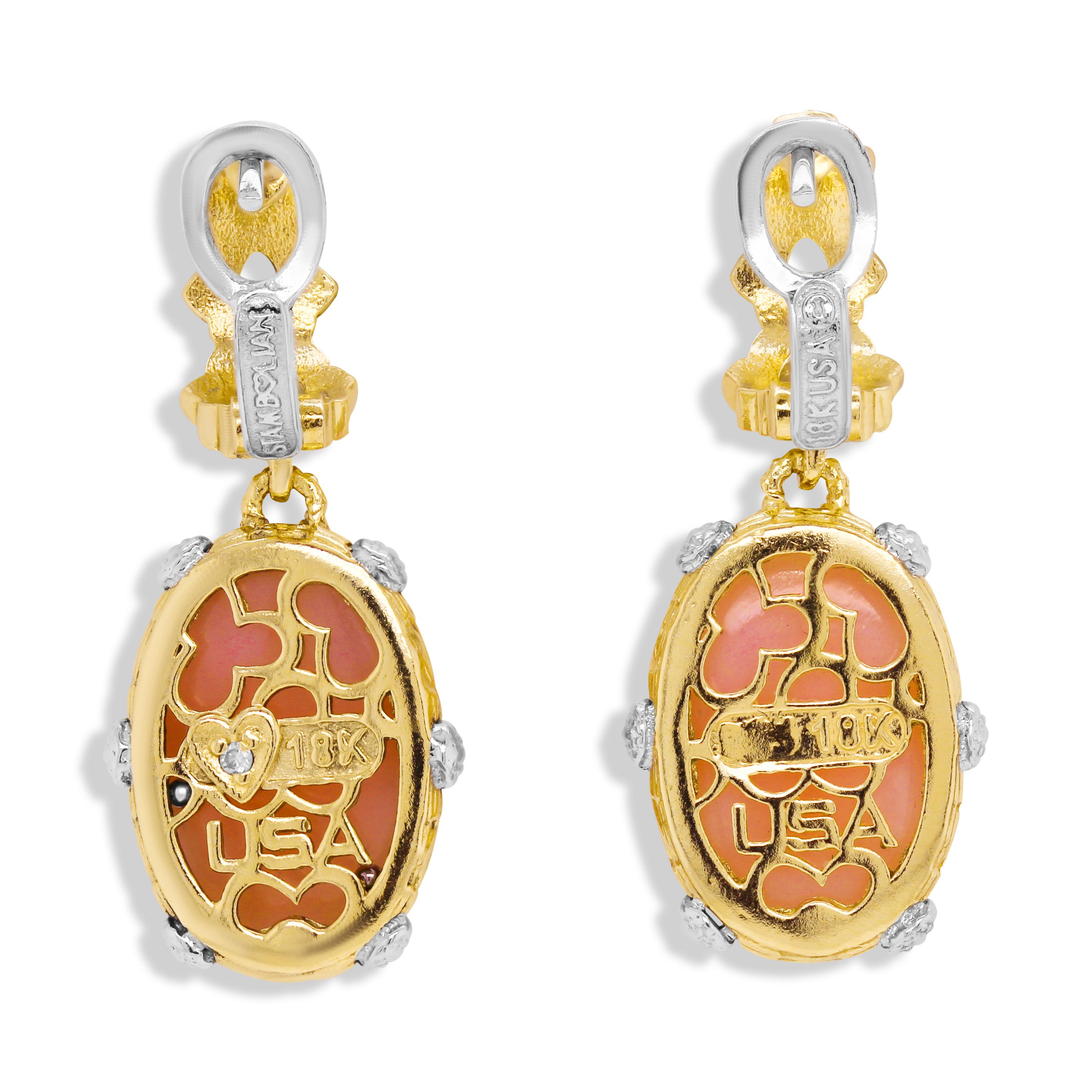 Modern Stambolian 18K Two Tone Gold Pink Peruvian Opal Drop Earrings For Sale