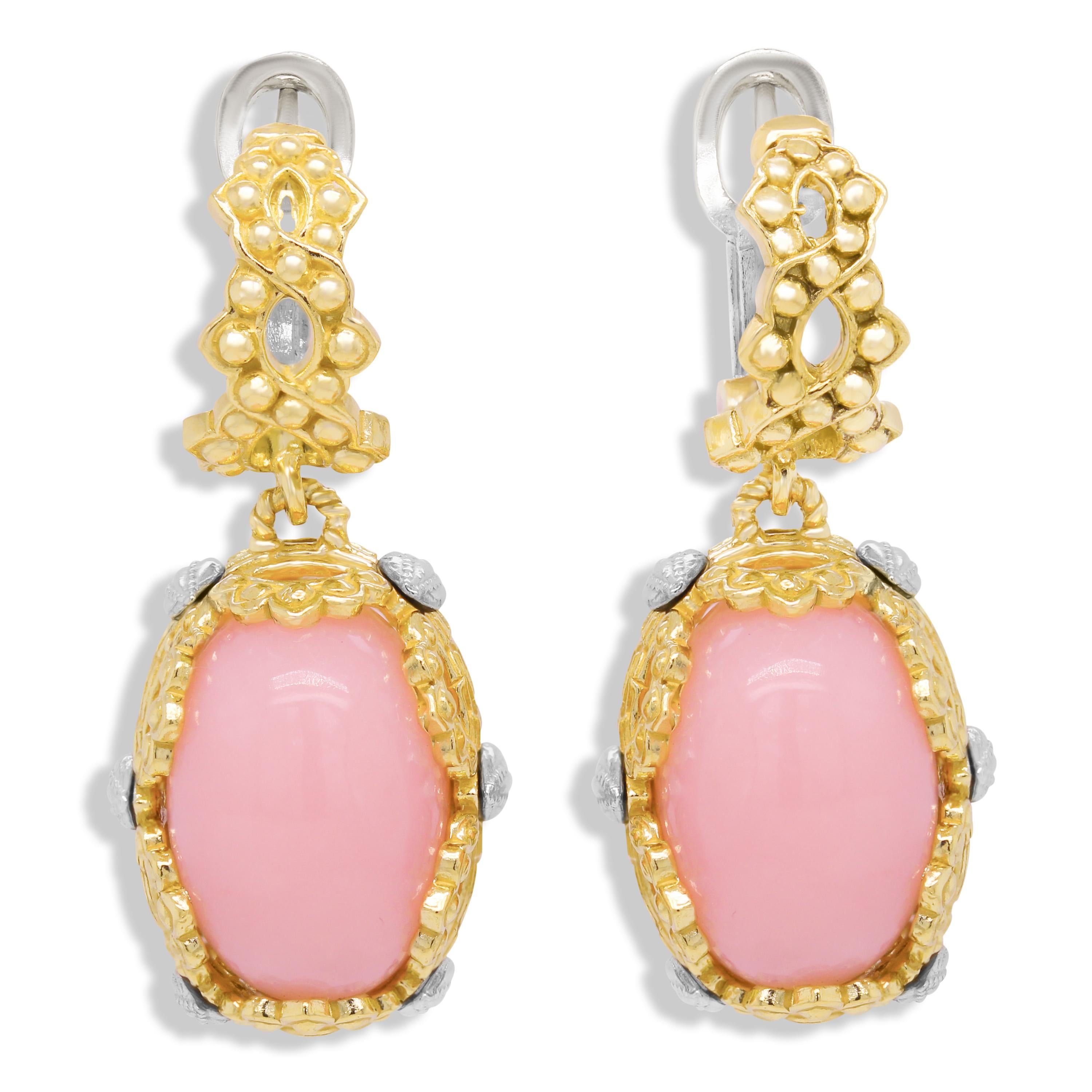 Oval Cut Stambolian 18K Two Tone Gold Pink Peruvian Opal Drop Earrings For Sale