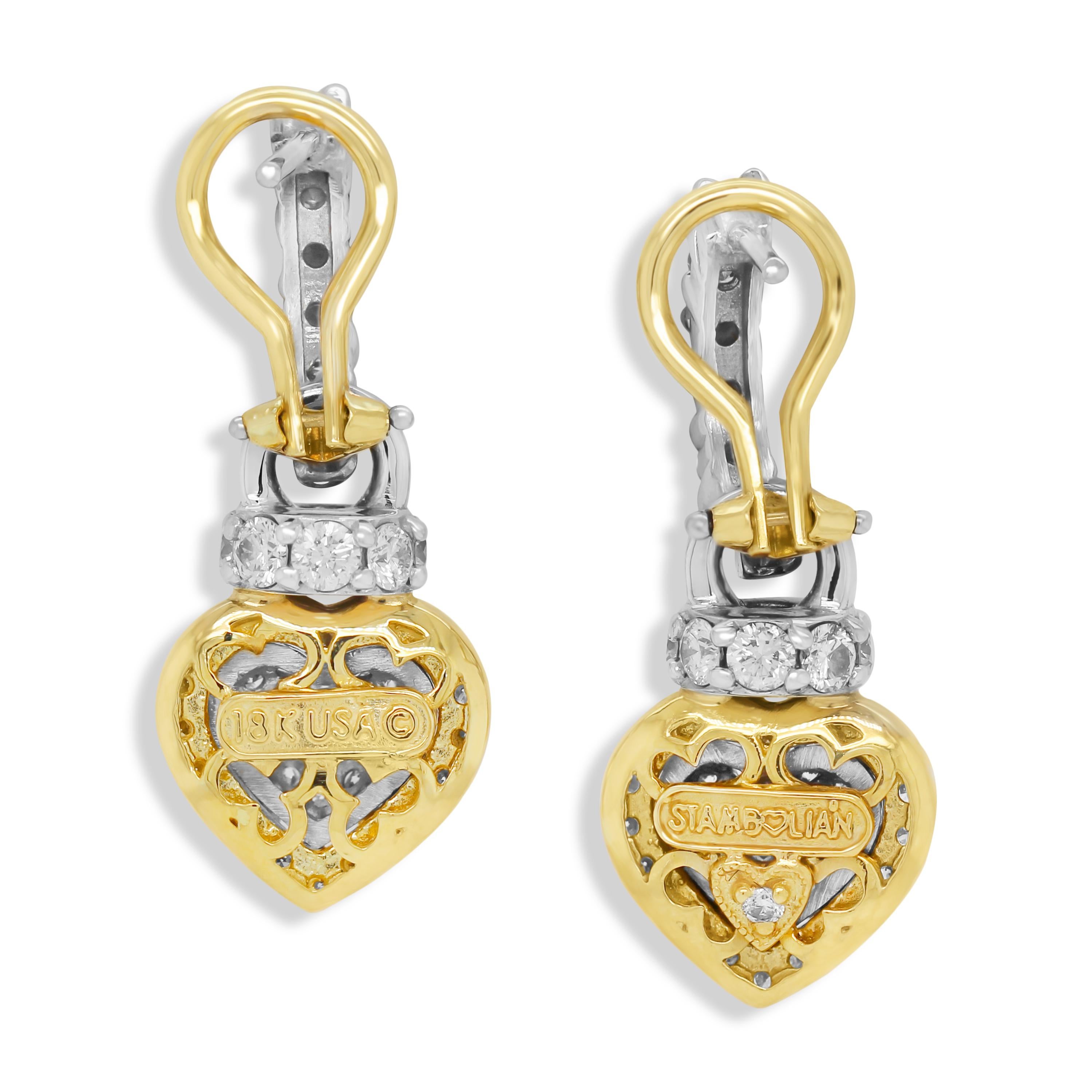 Stambolian 18K Two-Tone Yellow White Gold Diamond Hearts Drop Dangle Earrings

This beautiful pair of earrings features pave set, diamond heart drops with an all diamond top.

2.33 carat G color, VS clarity diamonds total weight

Earrings use