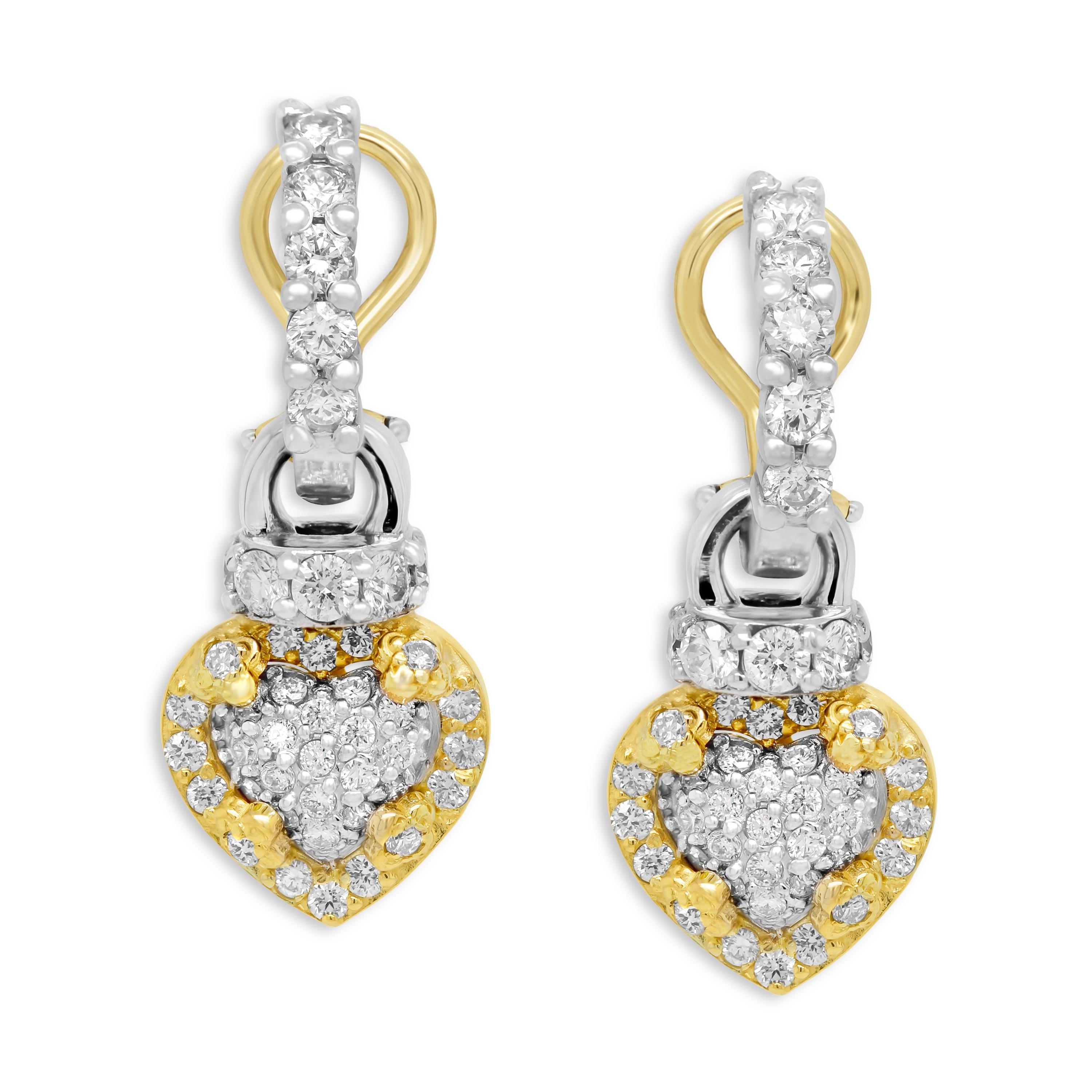 Modern Stambolian 18K Two-Tone Yellow White Gold Diamond Hearts Drop Dangle Earrings For Sale