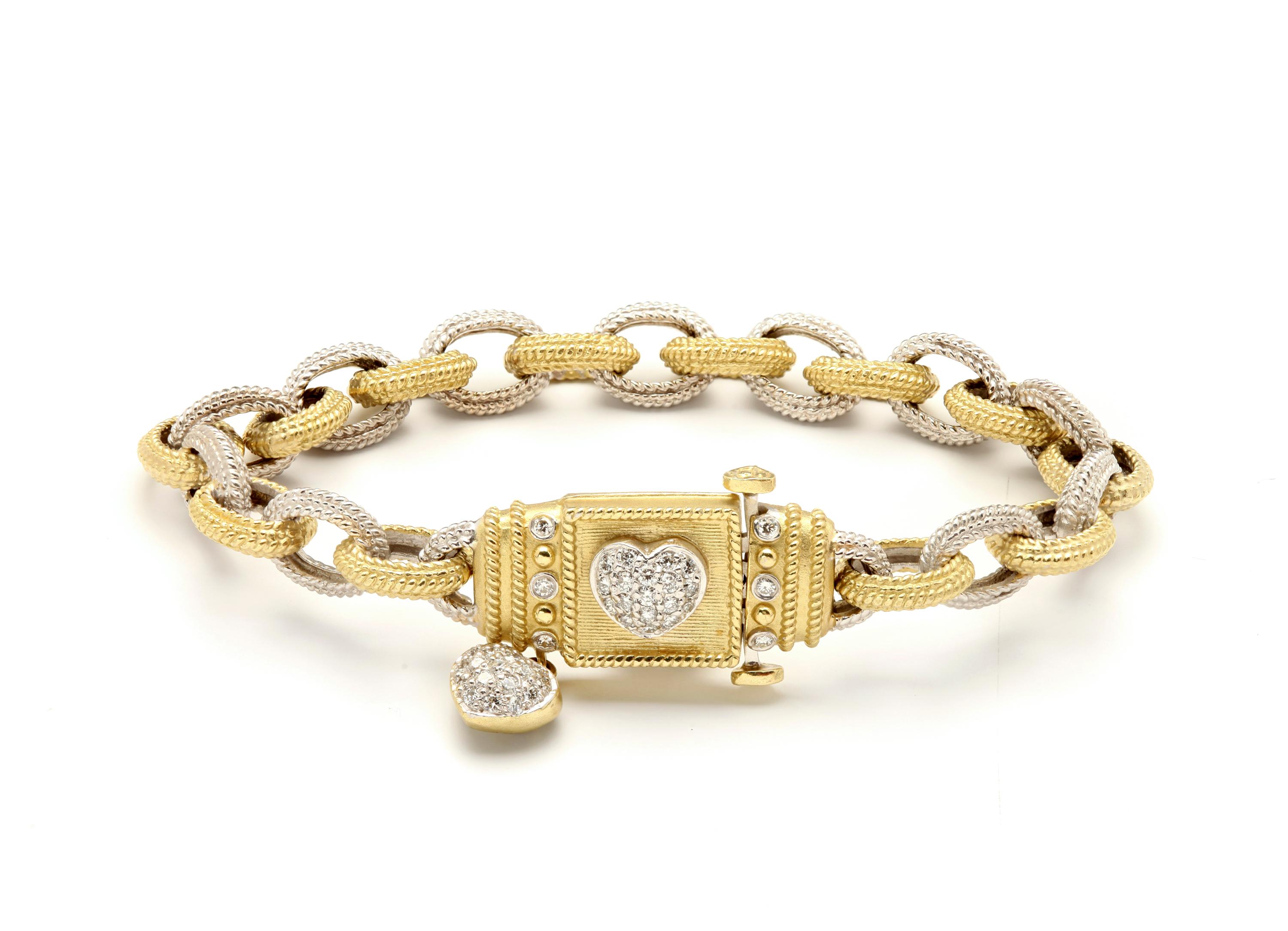 Round Cut Stambolian 18K Two-Tone Yellow White Gold Diamond Link Bracelet with Hearts For Sale