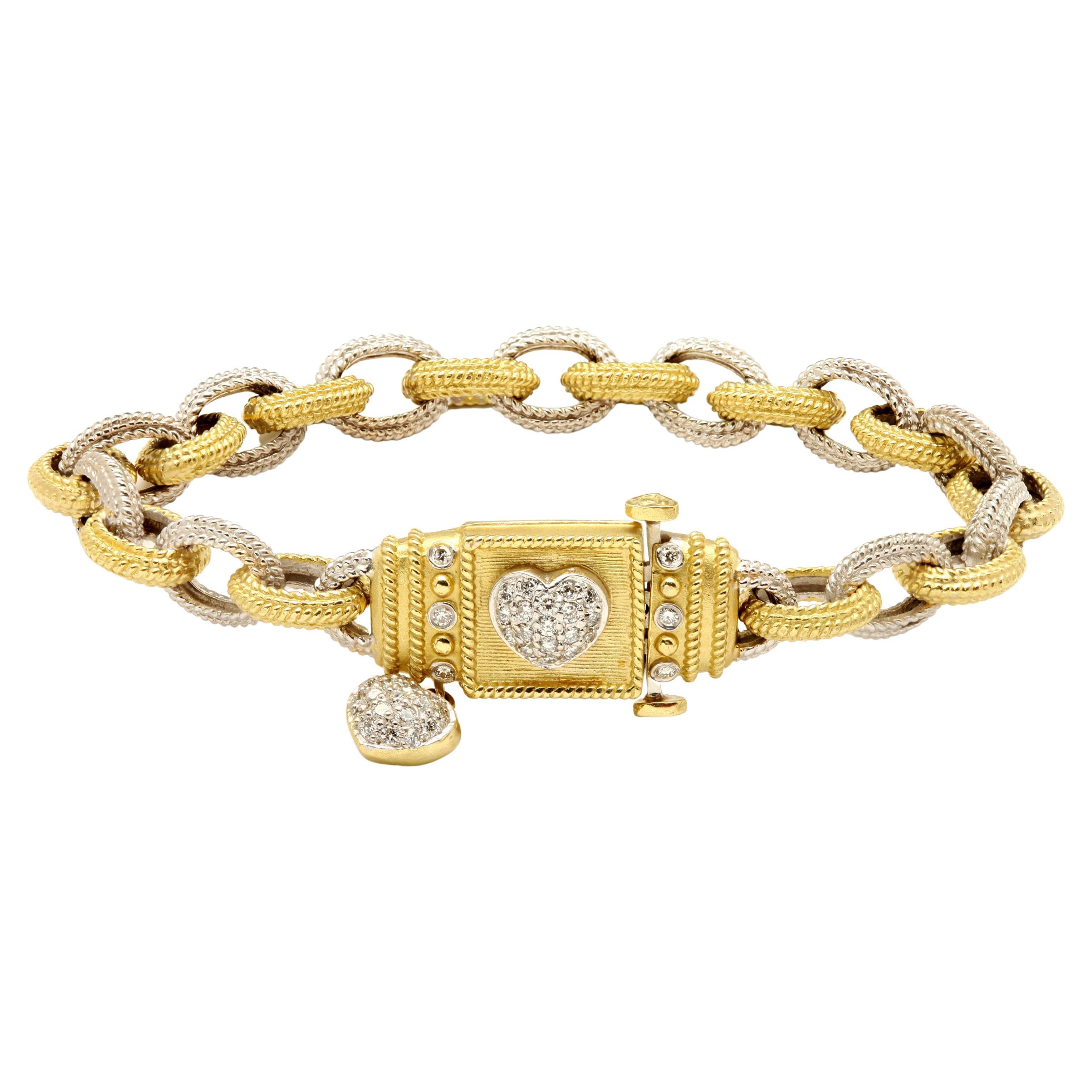 Stambolian Bracelet à maillons en or jaune et blanc bicolore 18 carats avec cœurs et diamants en vente