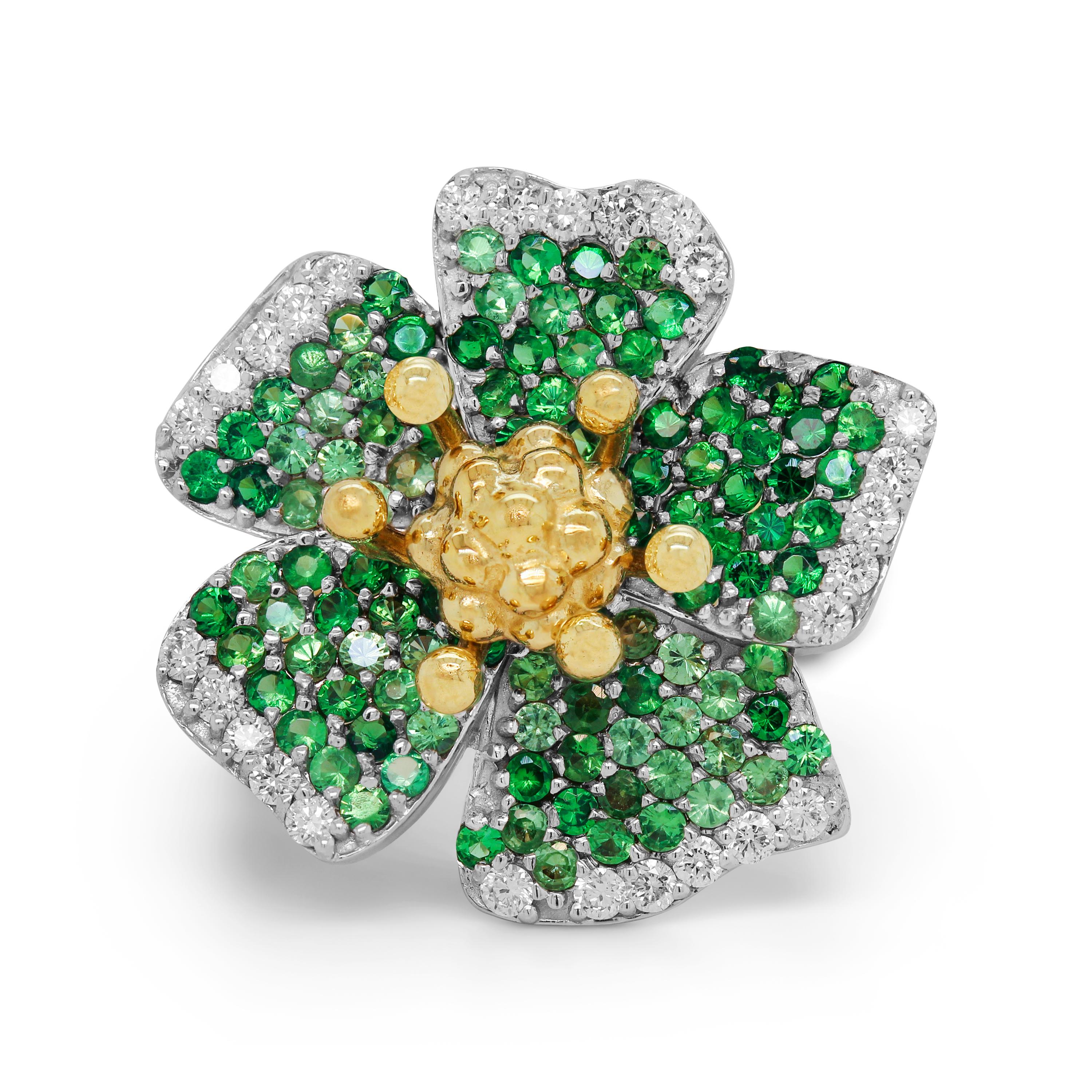 Stambolian 18K Two Tone Yellow White Gold Diamonds Tsavorites Flower Ring

This stunning flower ring from the Stambolian 