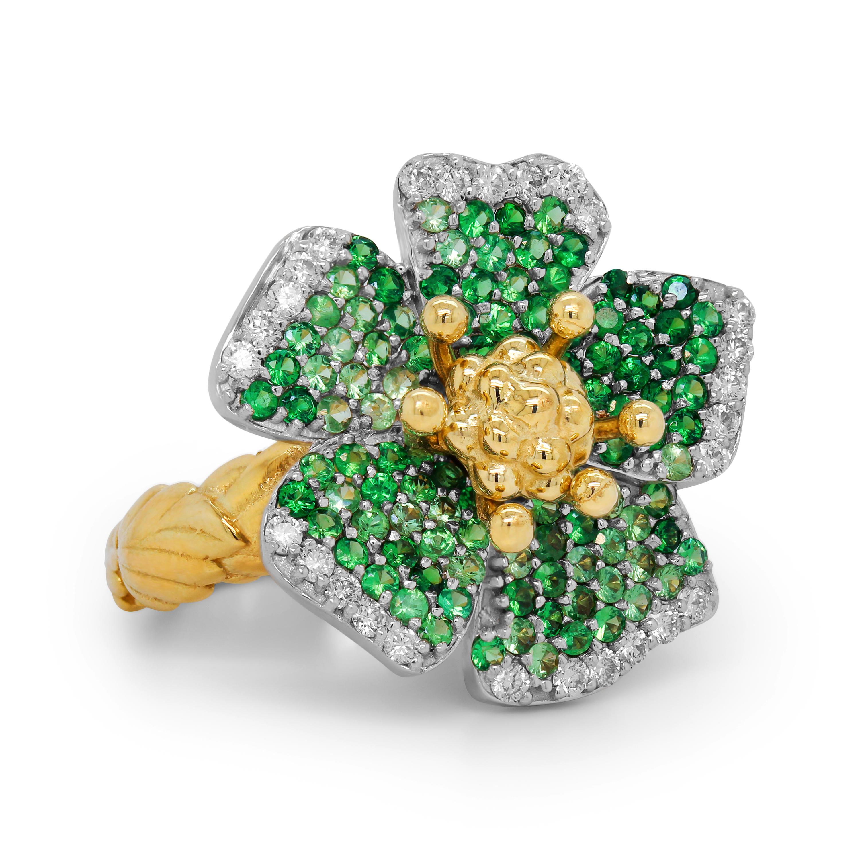 Modern Stambolian 18K Two Tone Yellow White Gold Diamonds Tsavorites Flower Ring For Sale
