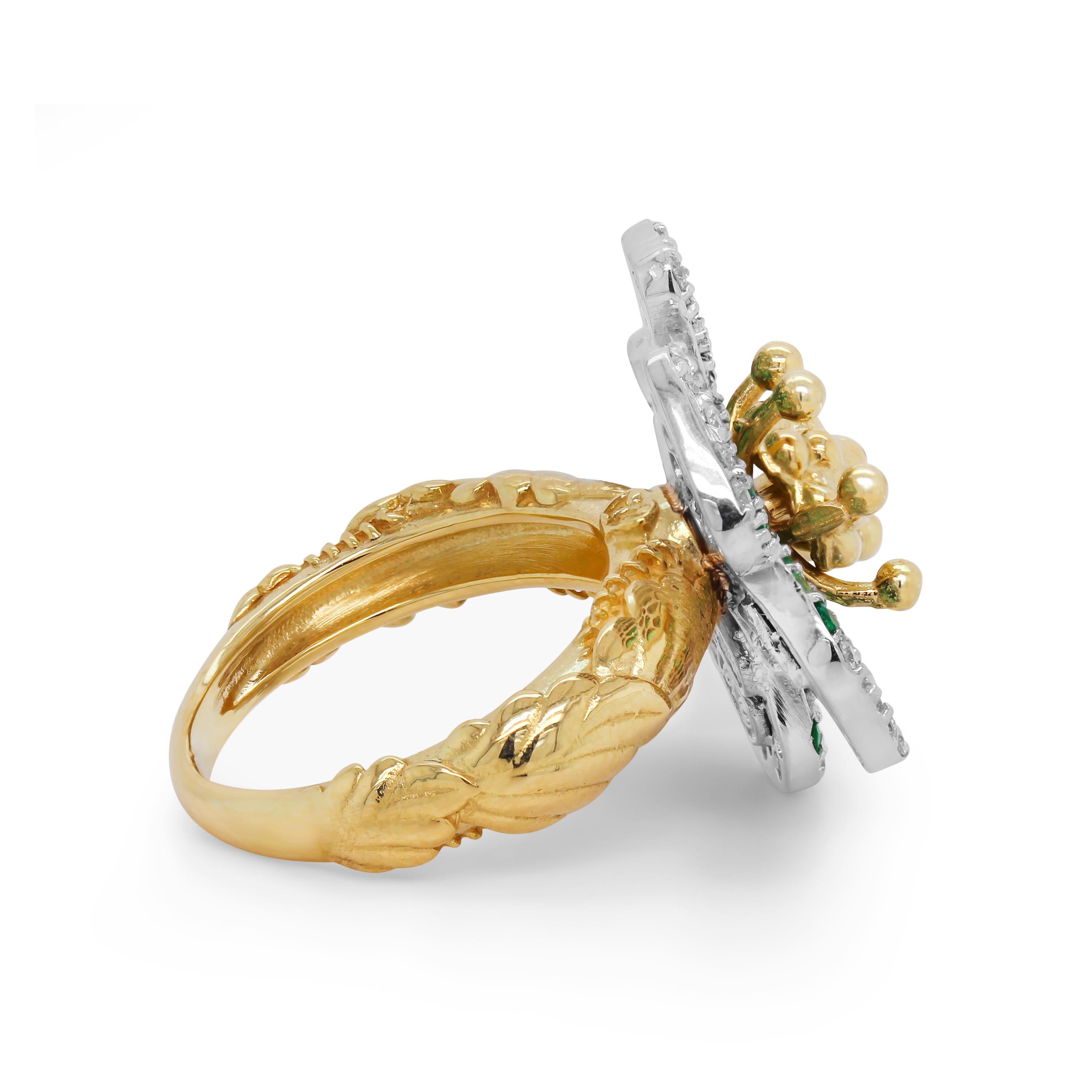 Round Cut Stambolian 18K Two Tone Yellow White Gold Diamonds Tsavorites Flower Ring For Sale