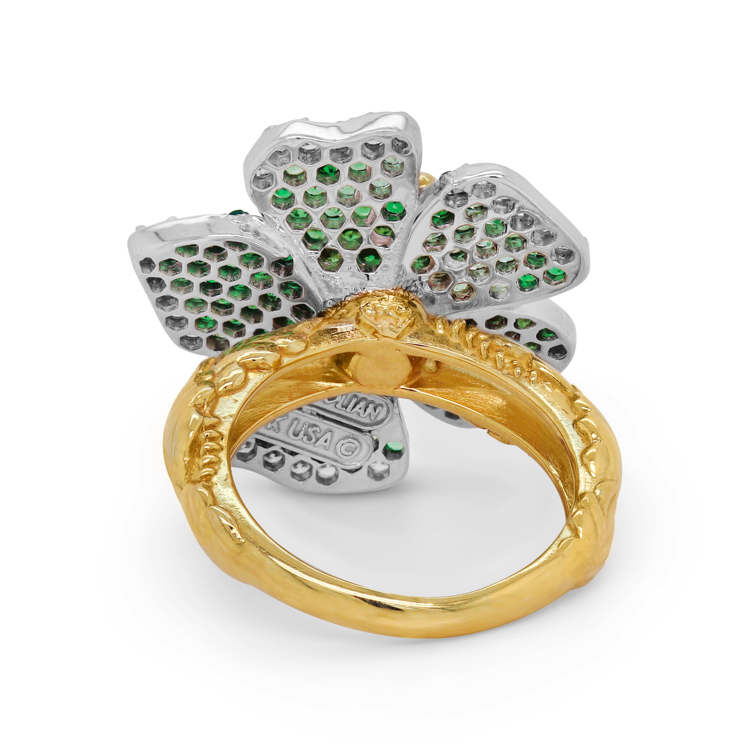 Stambolian 18K Two Tone Yellow White Gold Diamonds Tsavorites Flower Ring In New Condition For Sale In Boca Raton, FL