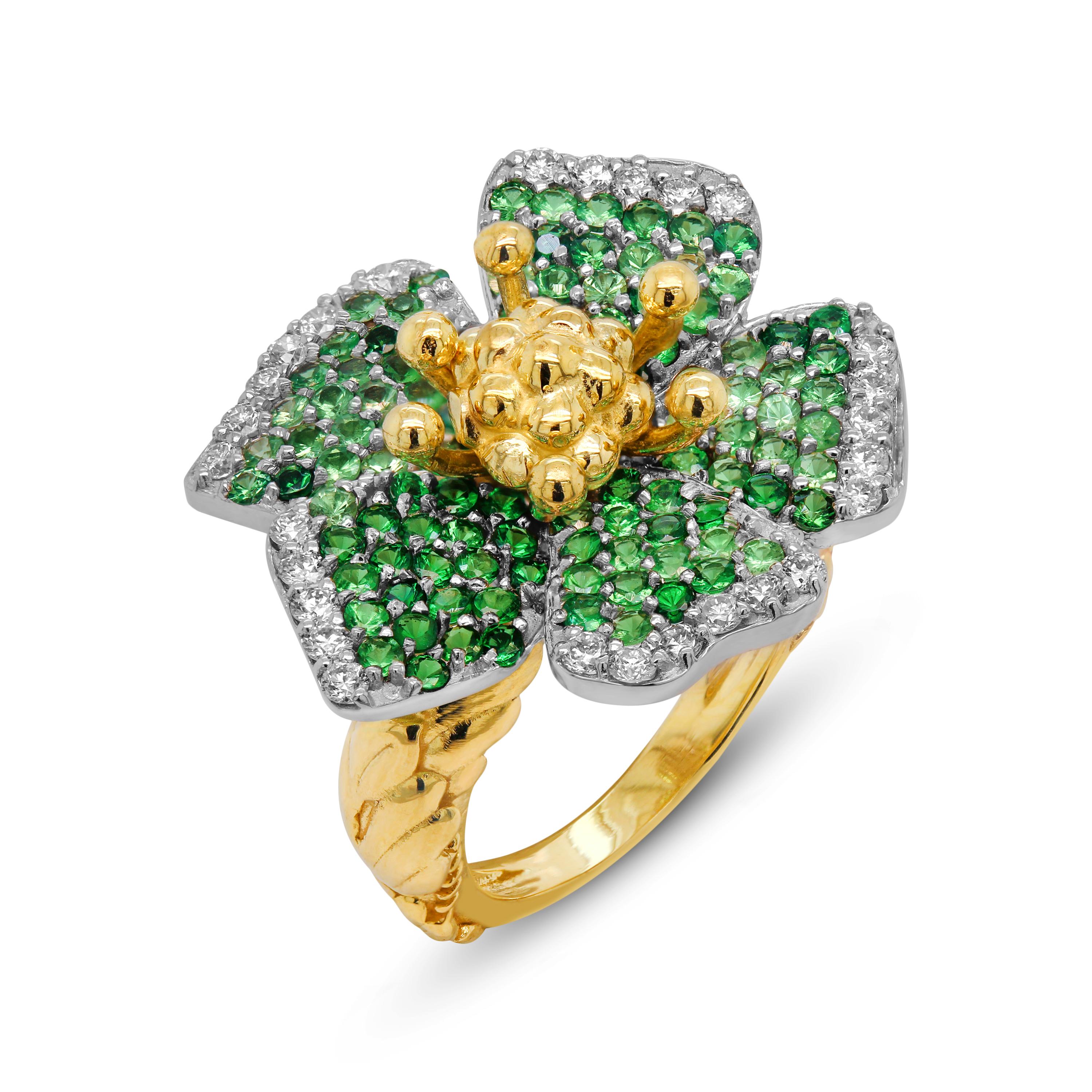 Women's Stambolian 18K Two Tone Yellow White Gold Diamonds Tsavorites Flower Ring For Sale