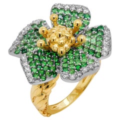 Stambolian 18K Two Tone Yellow White Gold Diamonds Tsavorites Flower Ring