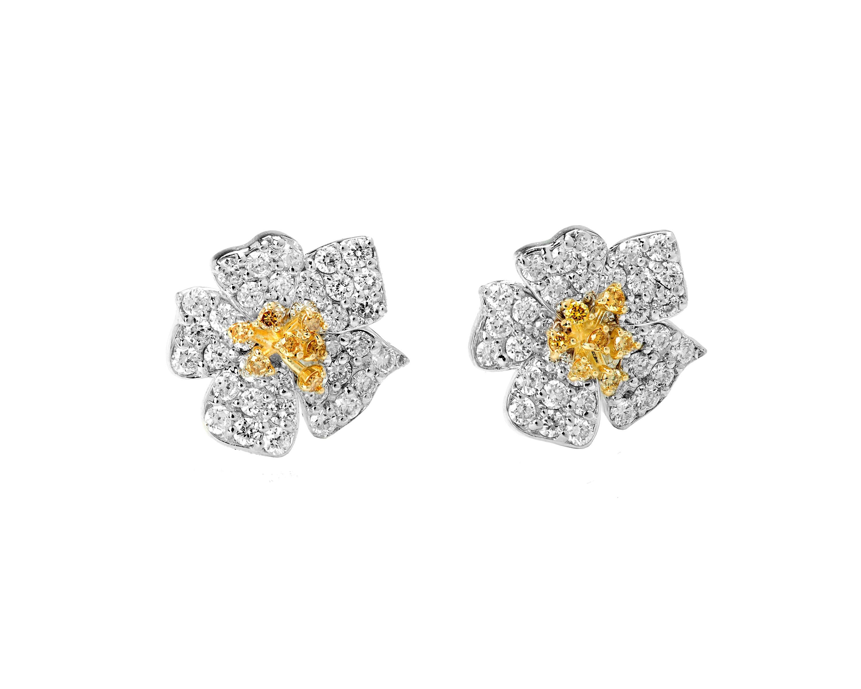 Modern Stambolian 18K White and Yellow Diamonds Floral Two-Piece Hoop Earrings For Sale