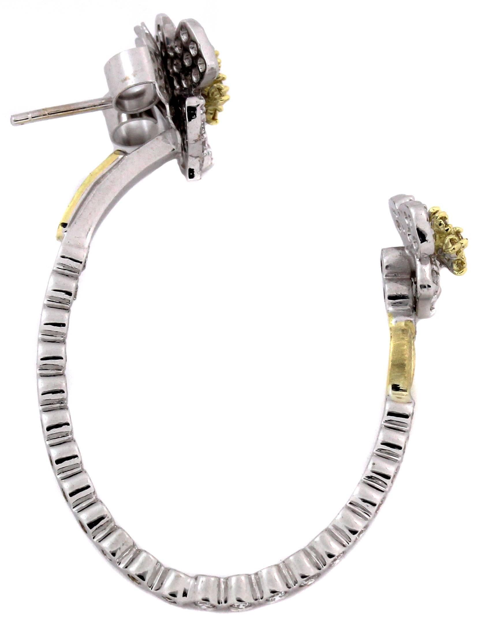 Stambolian 18K White and Yellow Diamonds Floral Two-Piece Hoop Earrings In New Condition For Sale In Boca Raton, FL