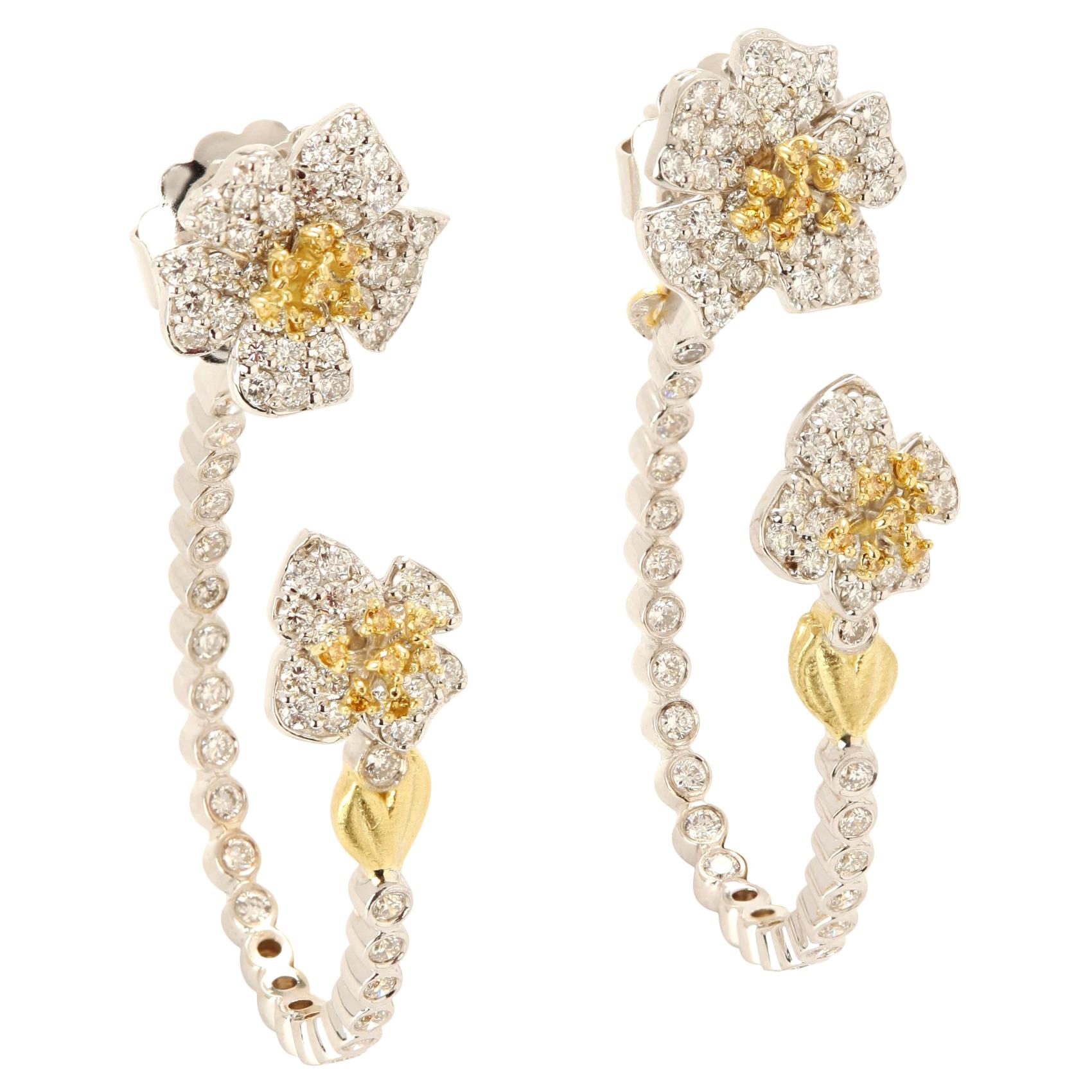 Stambolian 18K White and Yellow Diamonds Floral Two-Piece Hoop Earrings For Sale