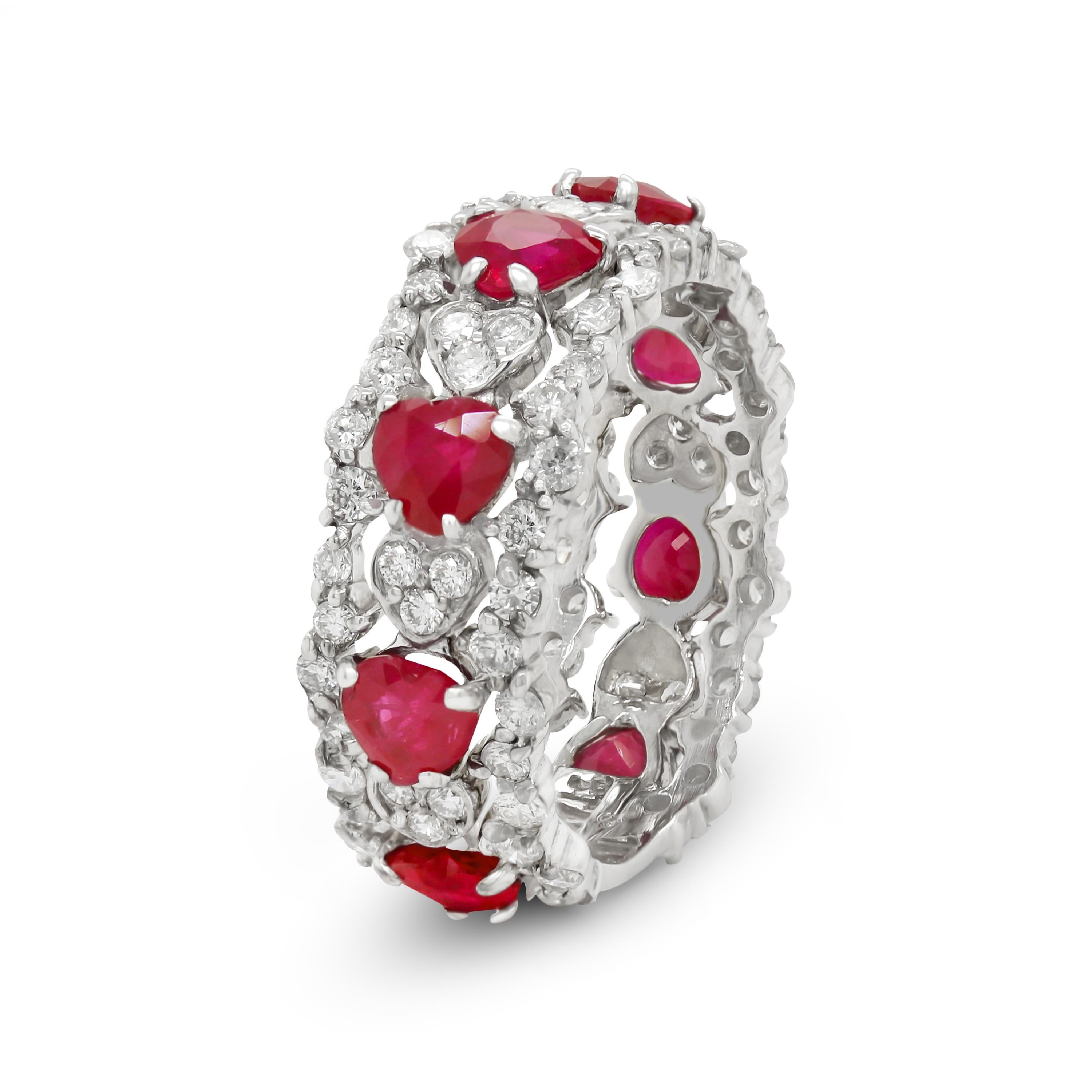 Contemporary Stambolian 18K White Gold and Diamond Heart Shape Ruby Band Ring For Sale