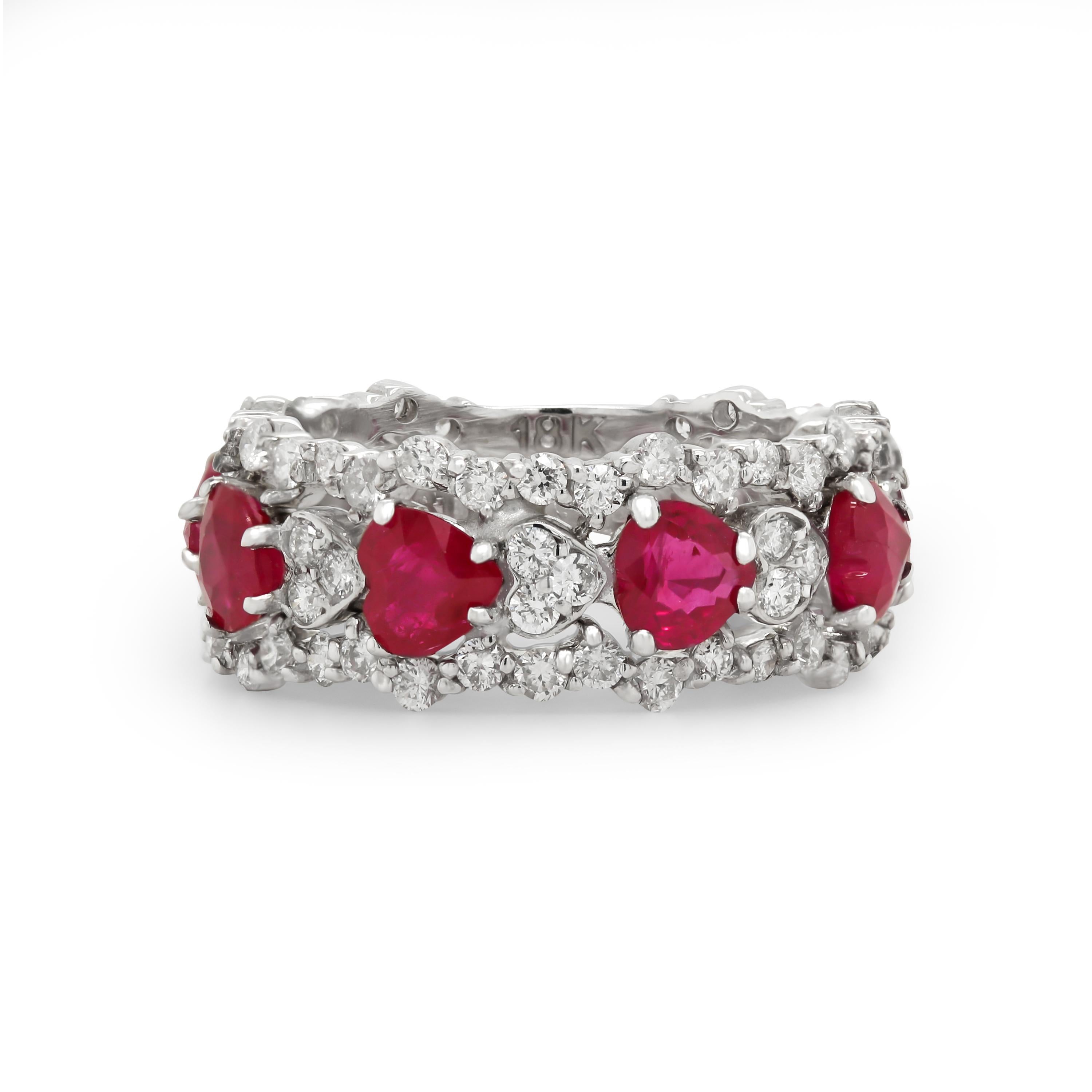 Heart Cut Stambolian 18K White Gold and Diamond Heart Shape Ruby Band Ring For Sale