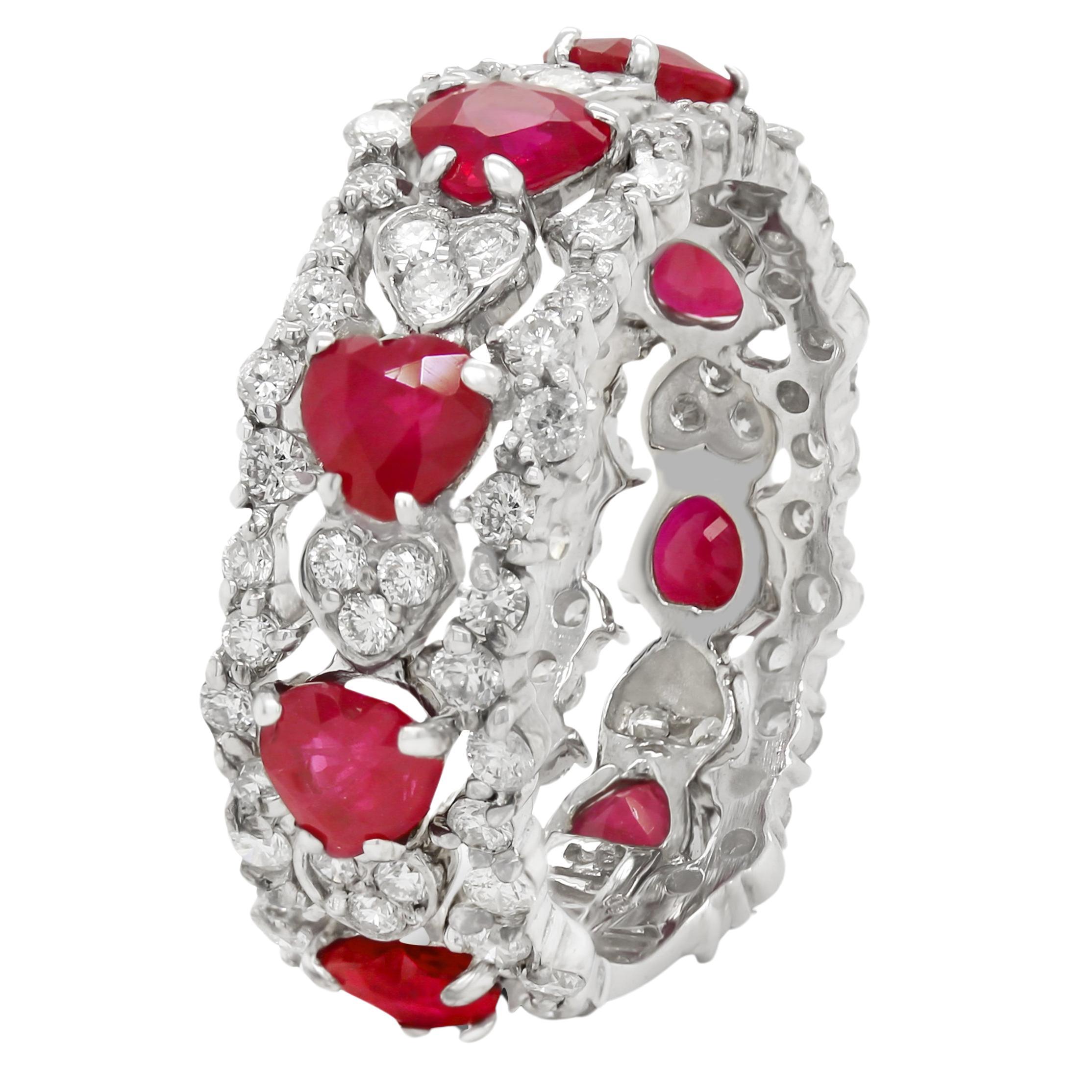 Stambolian 18K White Gold and Diamond Heart Shape Ruby Band Ring For Sale