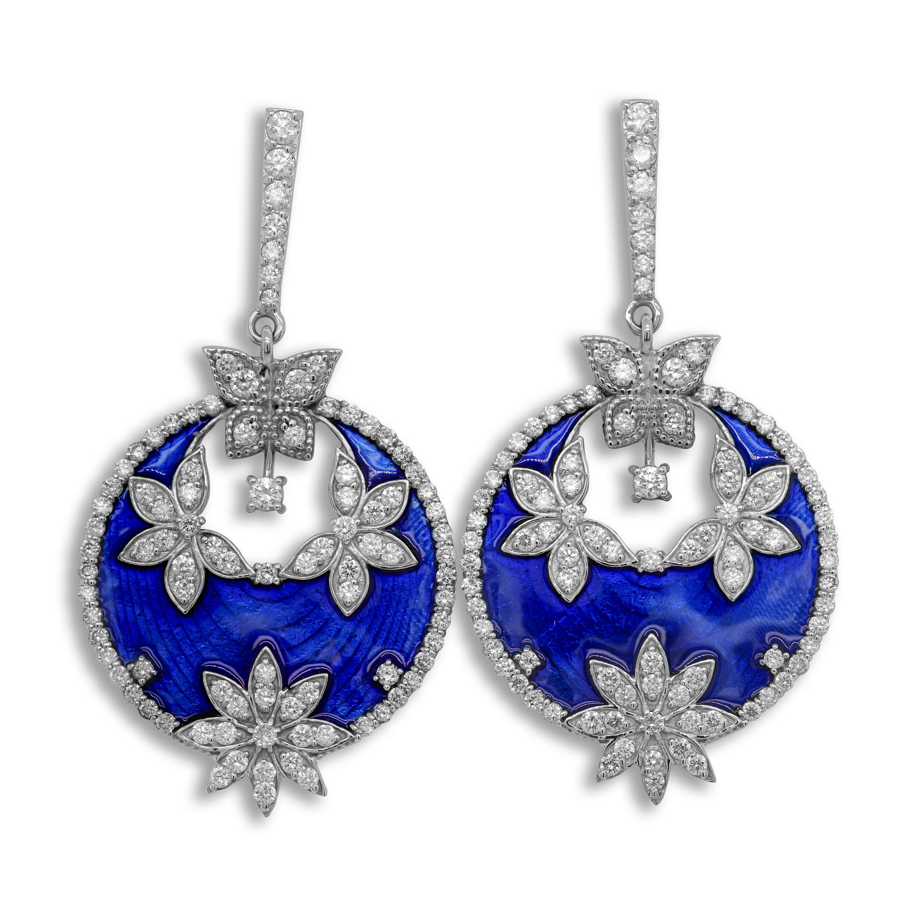 Modern Stambolian 18K White Gold and Diamonds Cobalt Navy Blue Enamel Earrings For Sale