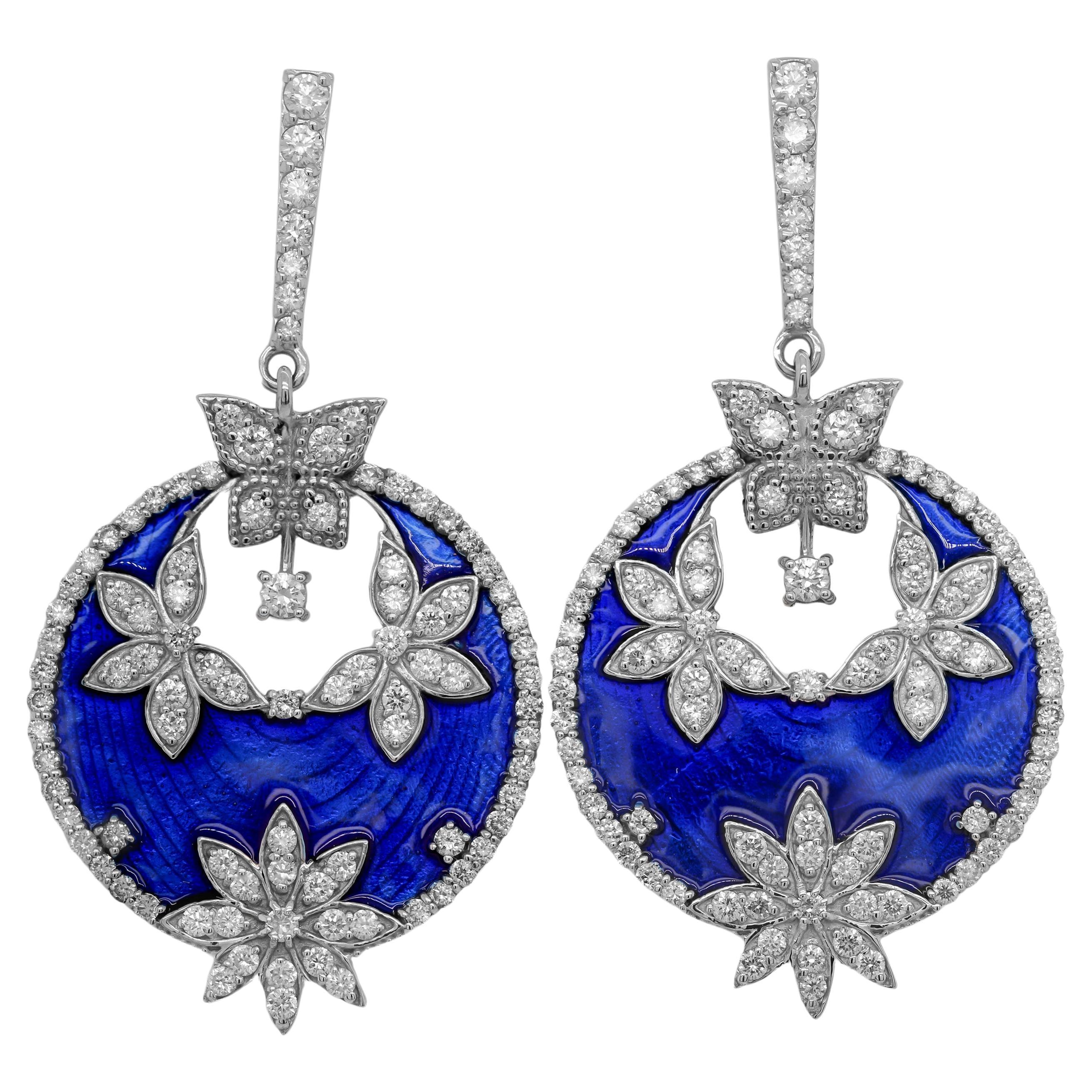 Stambolian 18K White Gold and Diamonds Cobalt Navy Blue Enamel Earrings For Sale