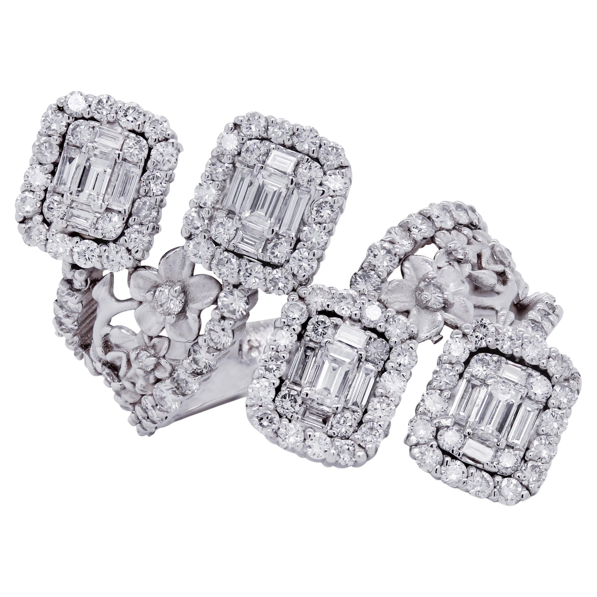 Stambolian Or blanc 18K Baguette Diamants ronds Bande florale Bague de style Bypass