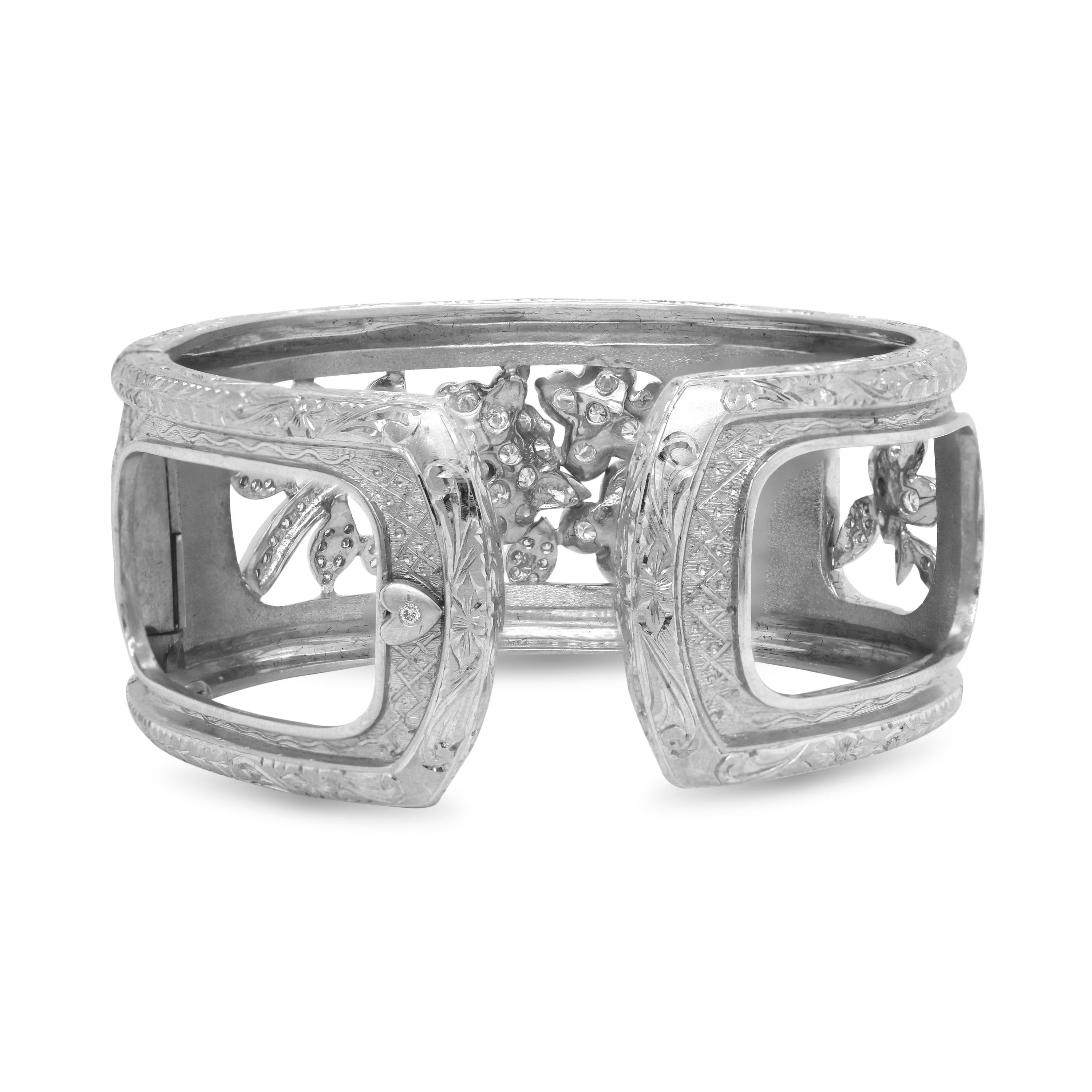 Round Cut Stambolian 18K White Gold Diamond Hand Engraved Floral Motif Wide Cuff Bracelet