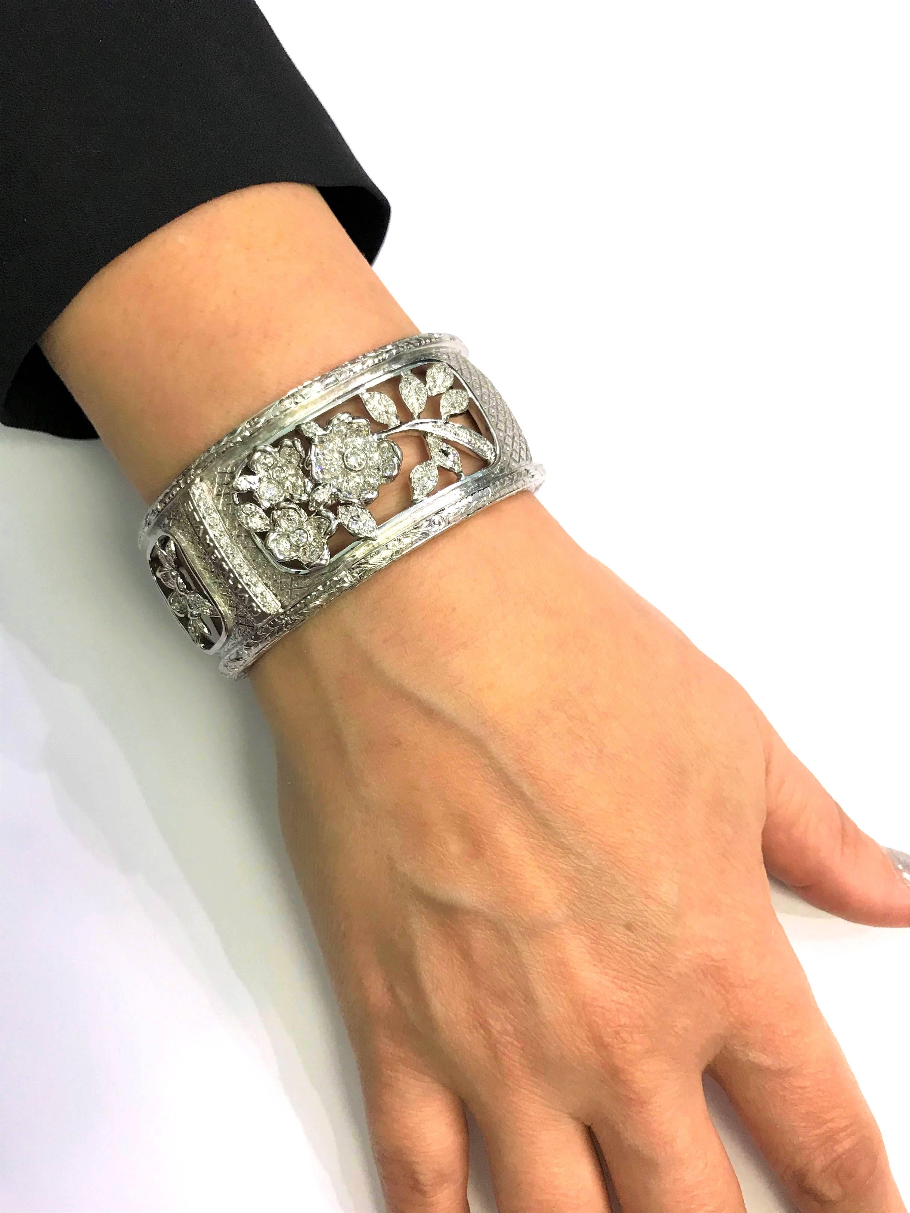 Stambolian 18K White Gold Diamond Hand Engraved Floral Motif Wide Cuff Bracelet In Excellent Condition In Boca Raton, FL