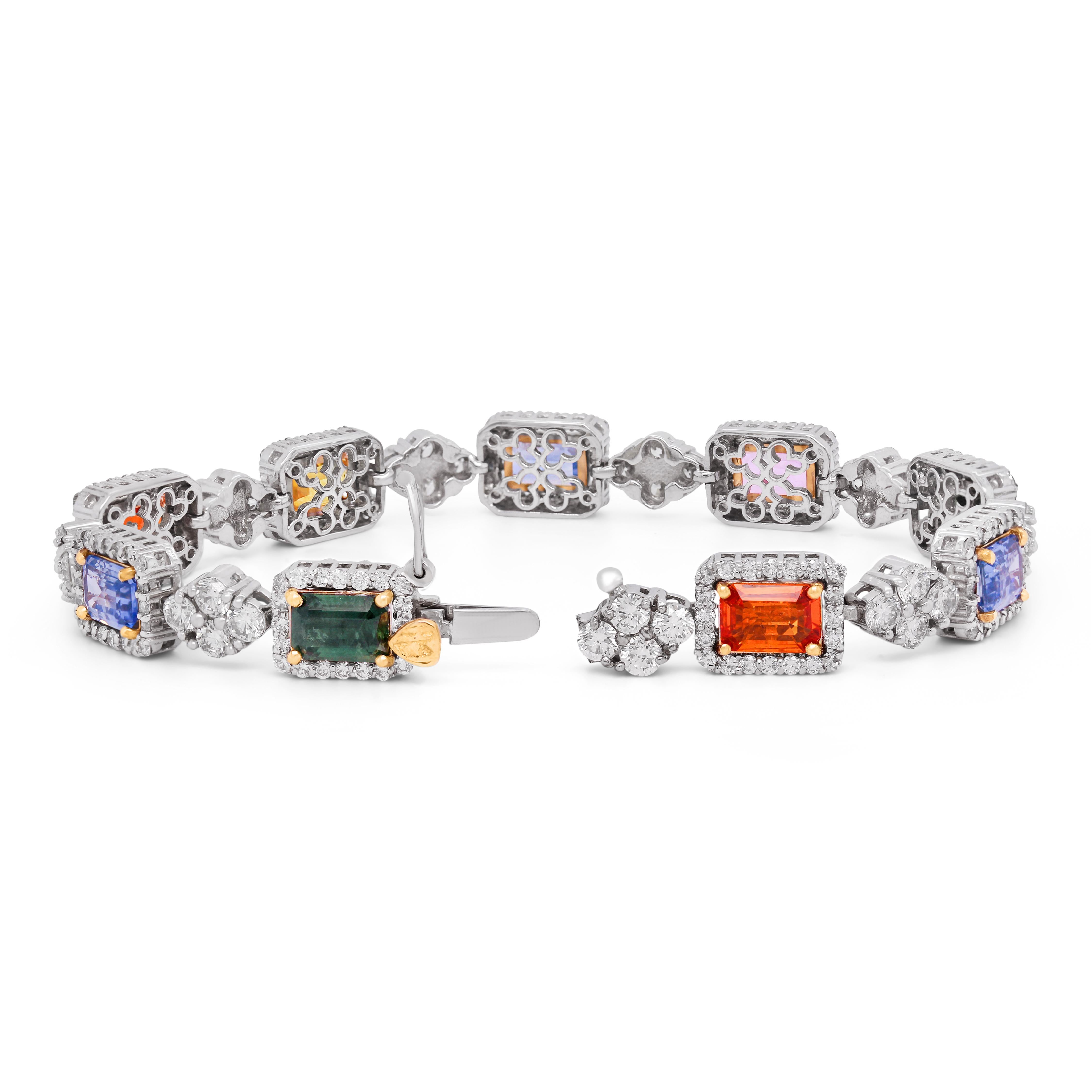 Emerald Cut Stambolian 18K White Gold Diamond Multi Color Sapphire Bracelet